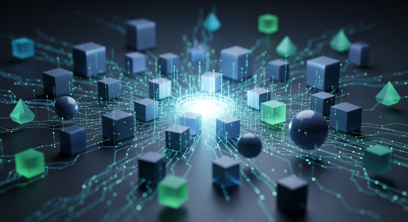 Hình ảnh trừu tượng về tăng trưởng kỹ thuật số, biểu tượng cho sự phát triển và mở rộng của một cộng đồng trực tuyến sau khi tạo nhóm Facebook, với các luồng dữ liệu và hình khối lan tỏa.