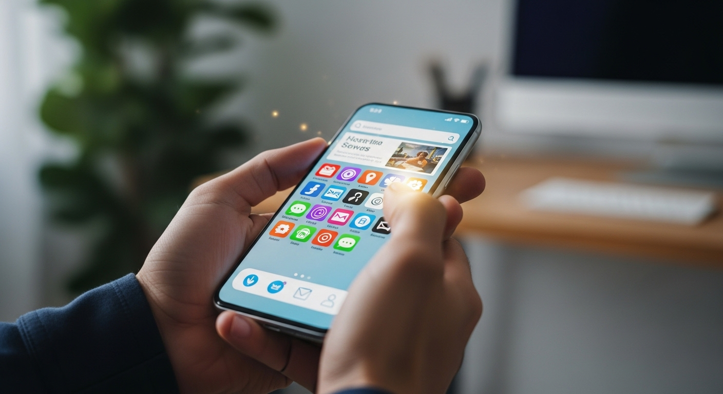 Đôi tay cầm điện thoại thông minh, màn hình hiển thị nhiều ứng dụng và tùy chọn hoạt động trực tuyến. Người dùng tập trung cân nhắc, tìm hiểu MMO là gì và các cơ hội kiếm tiền online trong không gian văn phòng tại nhà hiện đại.