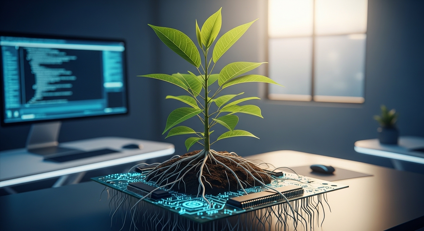 Cây xanh tươi tốt mọc từ bảng mạch kỹ thuật số, biểu tượng cho sự phát triển bền vững từ khóa học MMO.