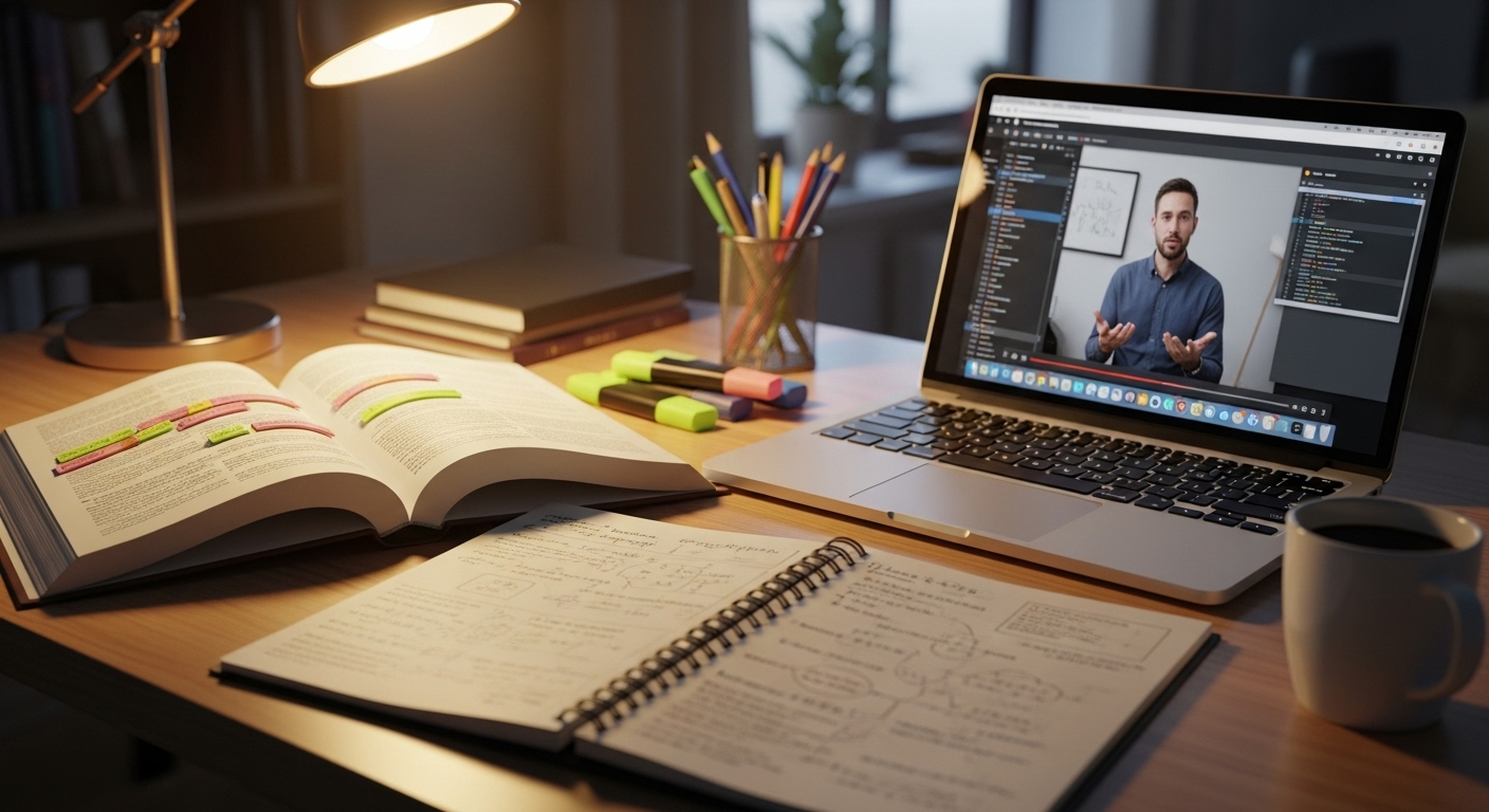 Bàn học ngăn nắp với laptop hiển thị video hướng dẫn kiếm tiền MMO, sách và sổ ghi chú. Hình ảnh mô tả quá trình học hỏi, chuẩn bị kiến thức để làm việc và tạo thu nhập online.
