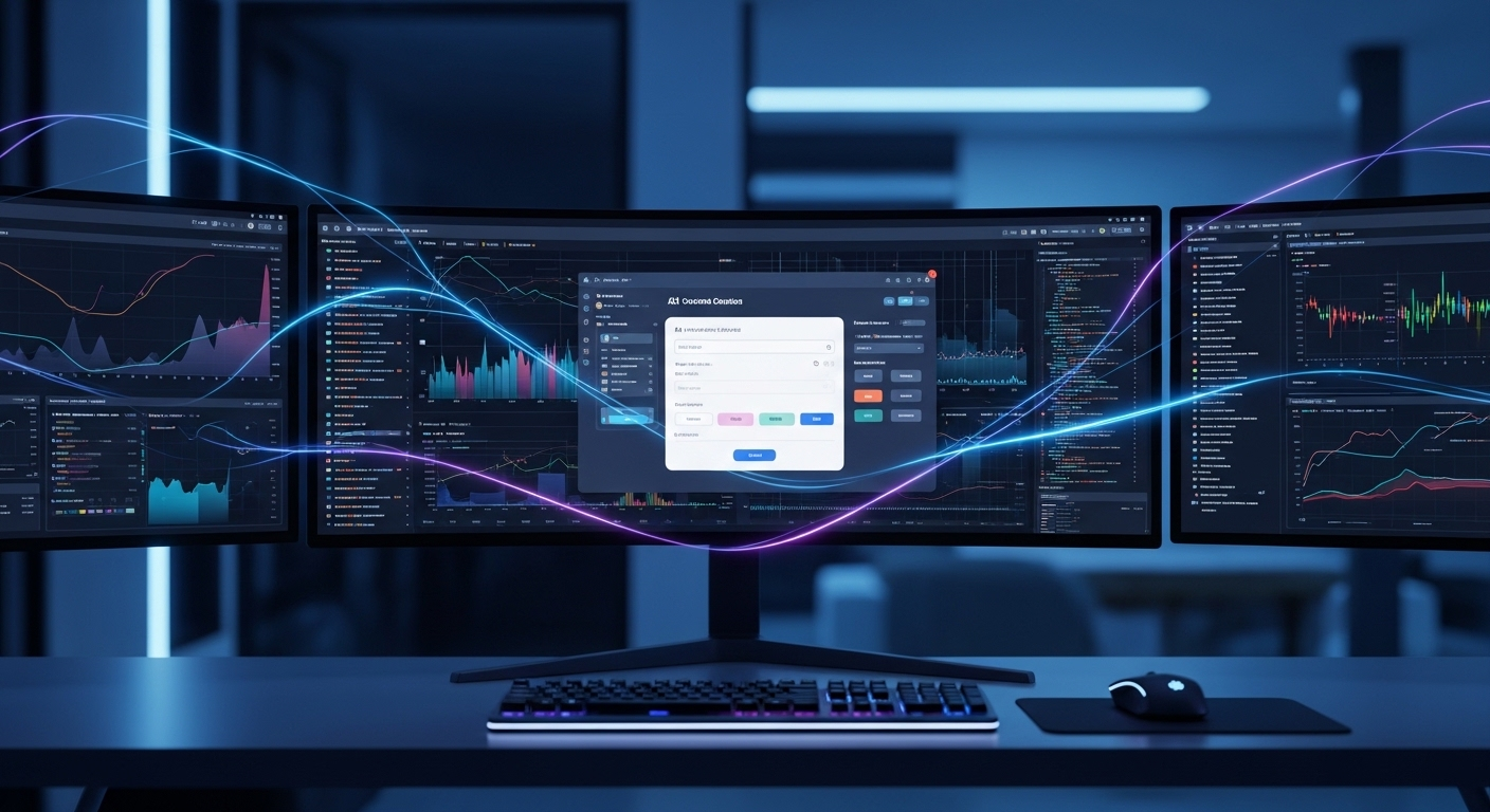 Bàn làm việc tương lai với nhiều màn hình hiển thị dữ liệu phức tạp và công cụ AI, minh họa cách kiếm tiền online tại nhà không cần vốn bằng công nghệ tiên tiến.