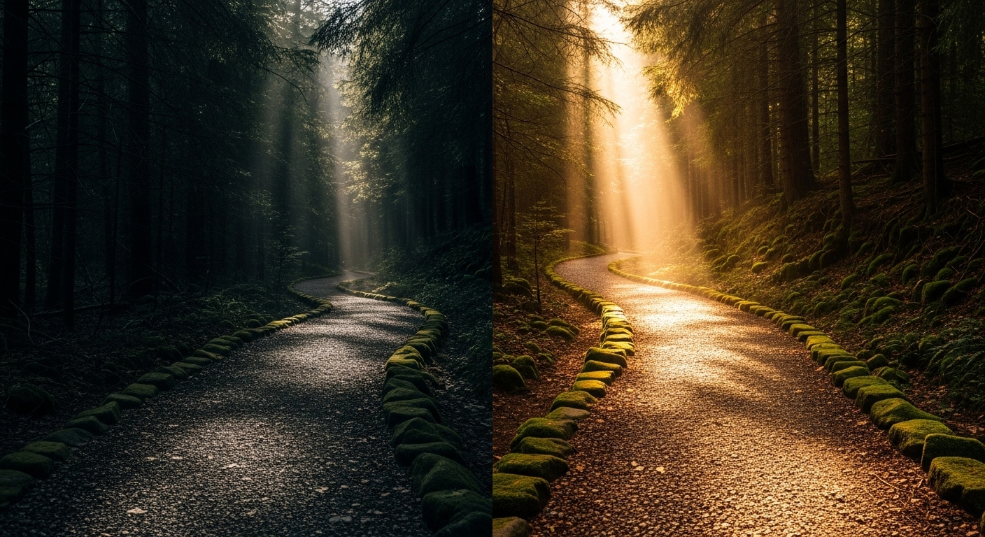 một lối đi sáng rõ, một lối mờ ảo trong bóng tối. Hình ảnh gợi nhắc việc lựa chọn con đường đúng đắn để kiếm tiền online MMO hiệu quả.