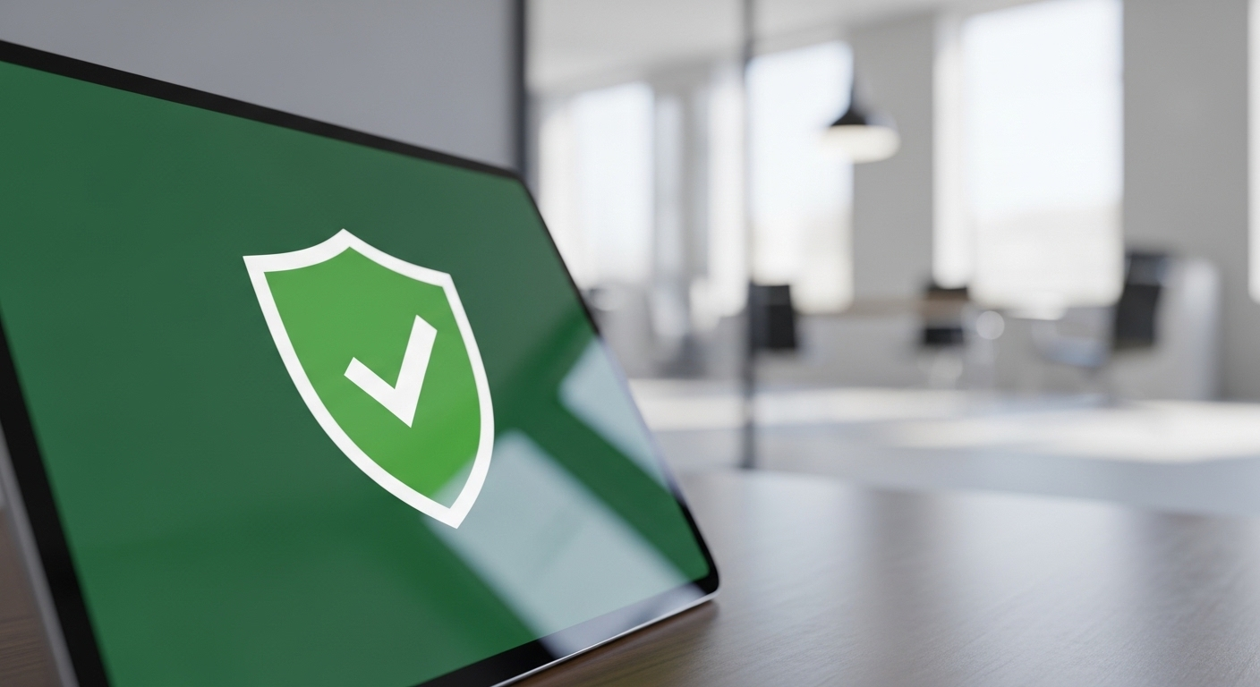 Màn hình máy tính bảng hiển thị biểu tượng lá chắn xanh với dấu kiểm trắng, tượng trưng cho an ninh kỹ thuật số và bảo vệ dữ liệu. Điều này cực kỳ quan trọng cho mọi hoạt động trực tuyến, bao gồm việc tìm hiểu MMO là gì và tham gia thế giới số an toàn.