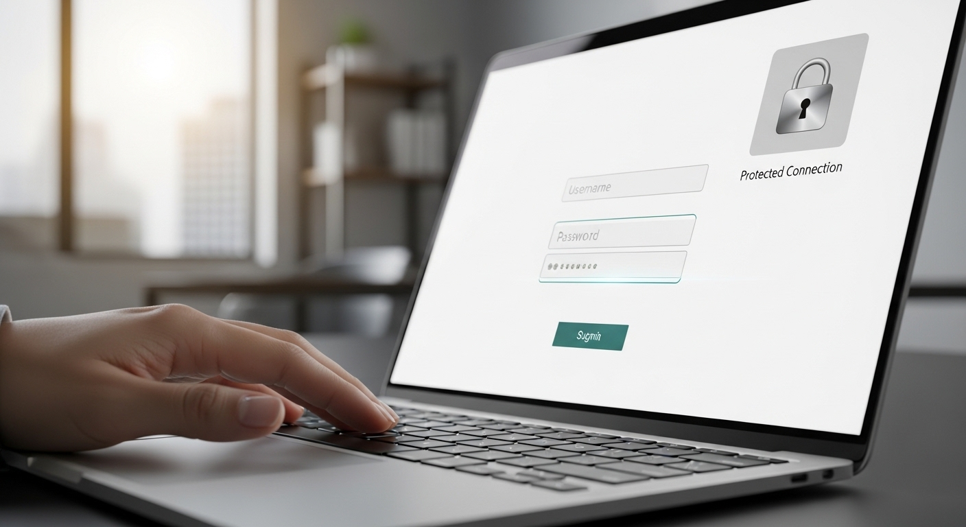 Tay đang nhập liệu an toàn trên laptop với biểu tượng khóa bảo mật, minh họa cách làm MMO hiệu quả và bảo mật.