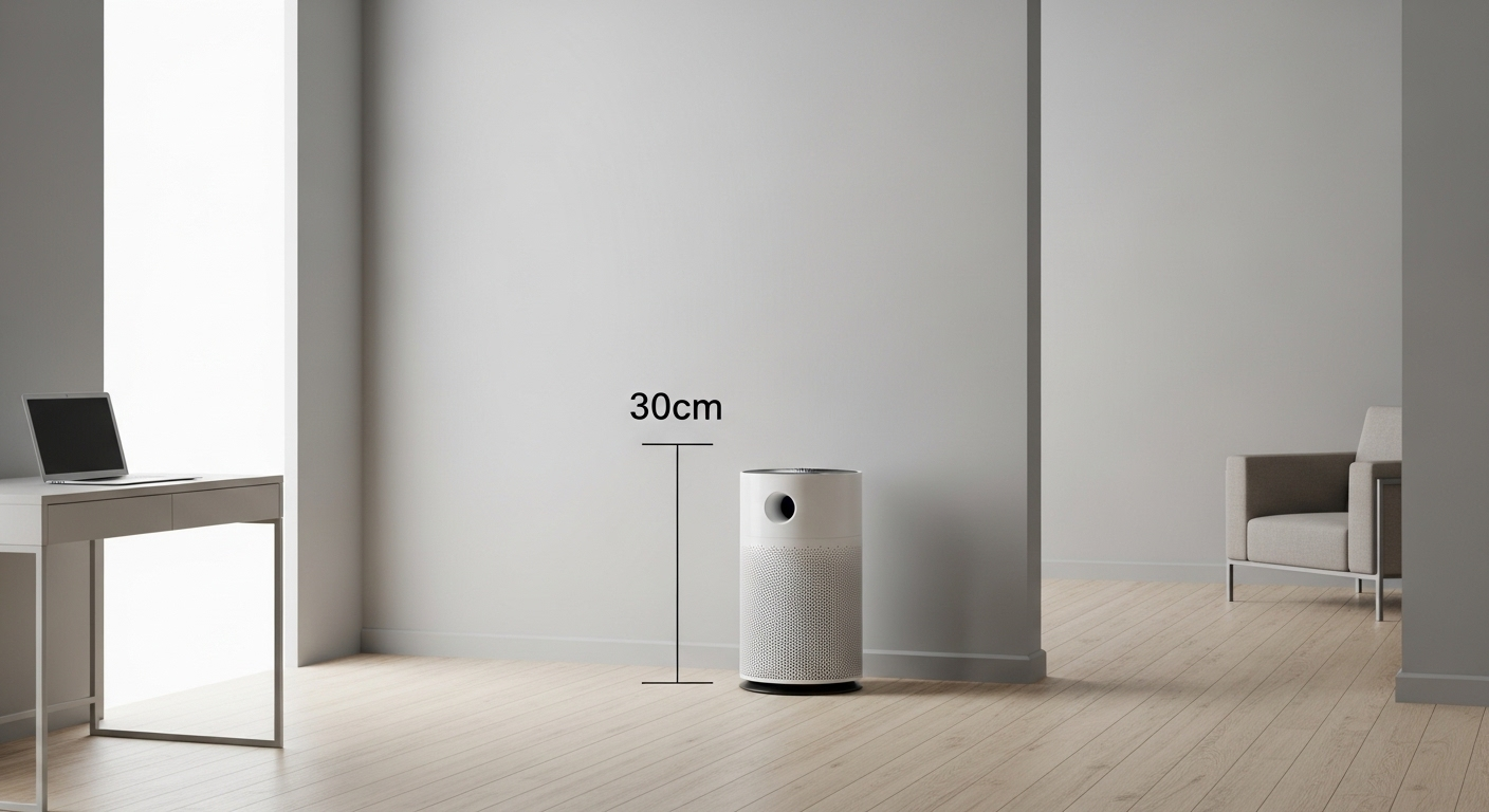 Máy lọc không khí được đặt tối ưu cách tường 30cm trong phòng gọn gàng, đảm bảo luồng khí lưu thông tốt nhất.