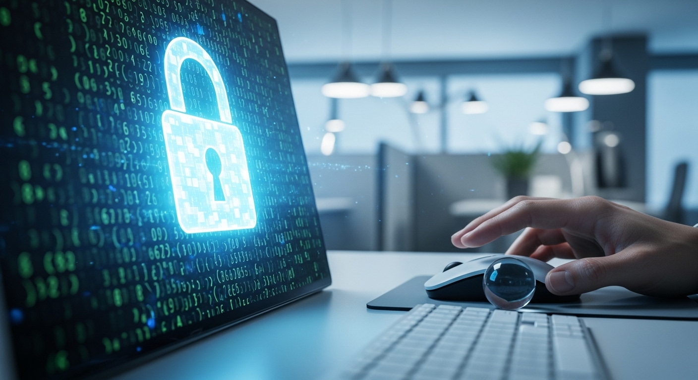 Màn hình máy tính hiển thị ổ khóa số và mã hóa, tay tương tác chuột. Đảm bảo an toàn khi kiếm tiền MMO.