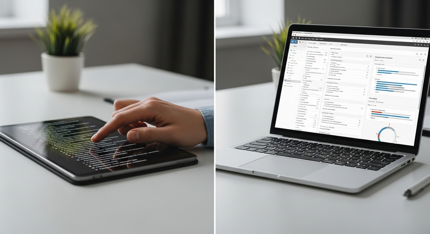 Hình ảnh đối lập giữa việc lọc comment thủ công trên máy tính bảng và phần mềm tự động trên laptop, minh họa cách lọc comment trên Facebook hiệu quả và nhanh chóng.