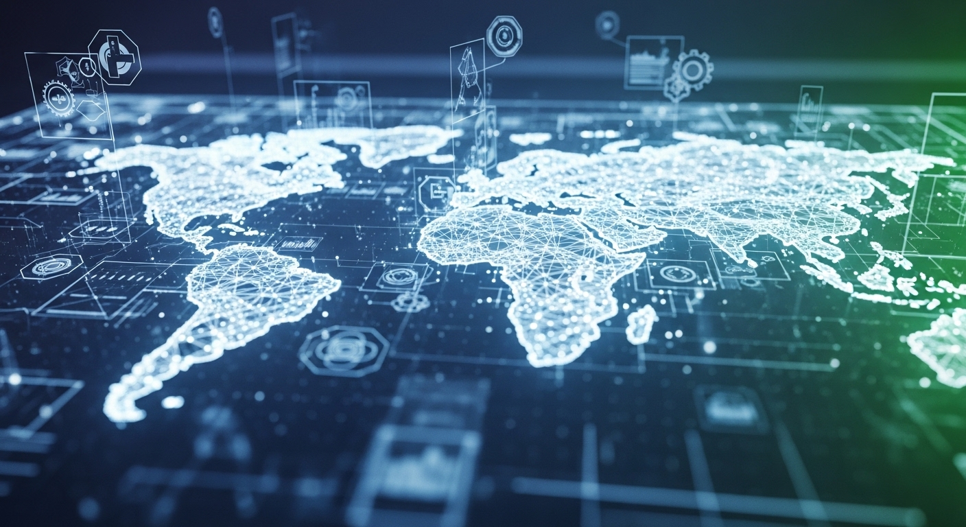 Ảnh bản đồ thế giới kỹ thuật số phát sáng, với các đường nét kết nối và biểu tượng minh bạch, thể hiện môi trường tài chính số toàn cầu có cấu trúc và được quản lý, nơi Remitano hoạt động.