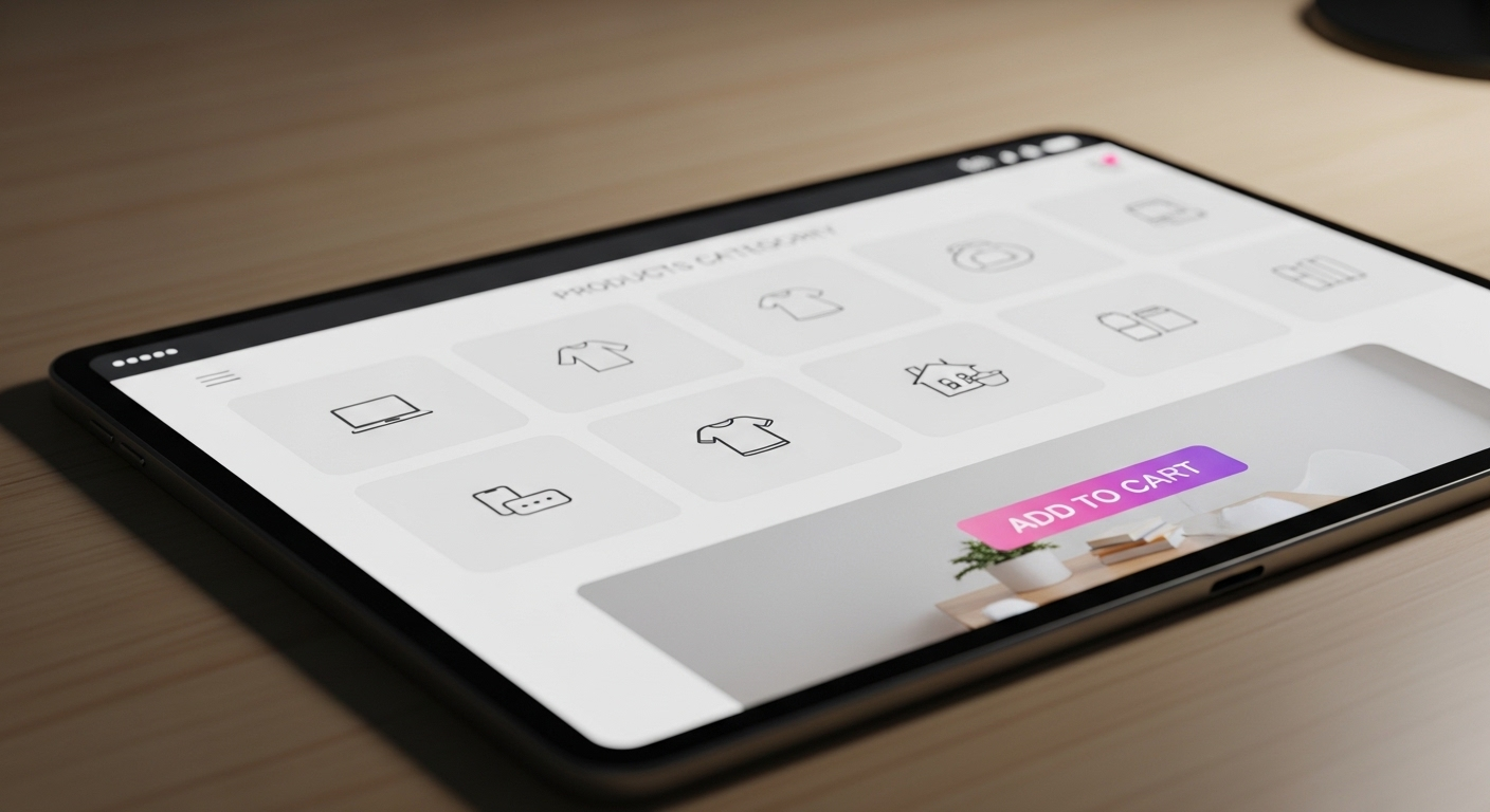 Màn hình máy tính bảng hiển thị giao diện cửa hàng trực tuyến hiện đại với danh mục sản phẩm và nút 