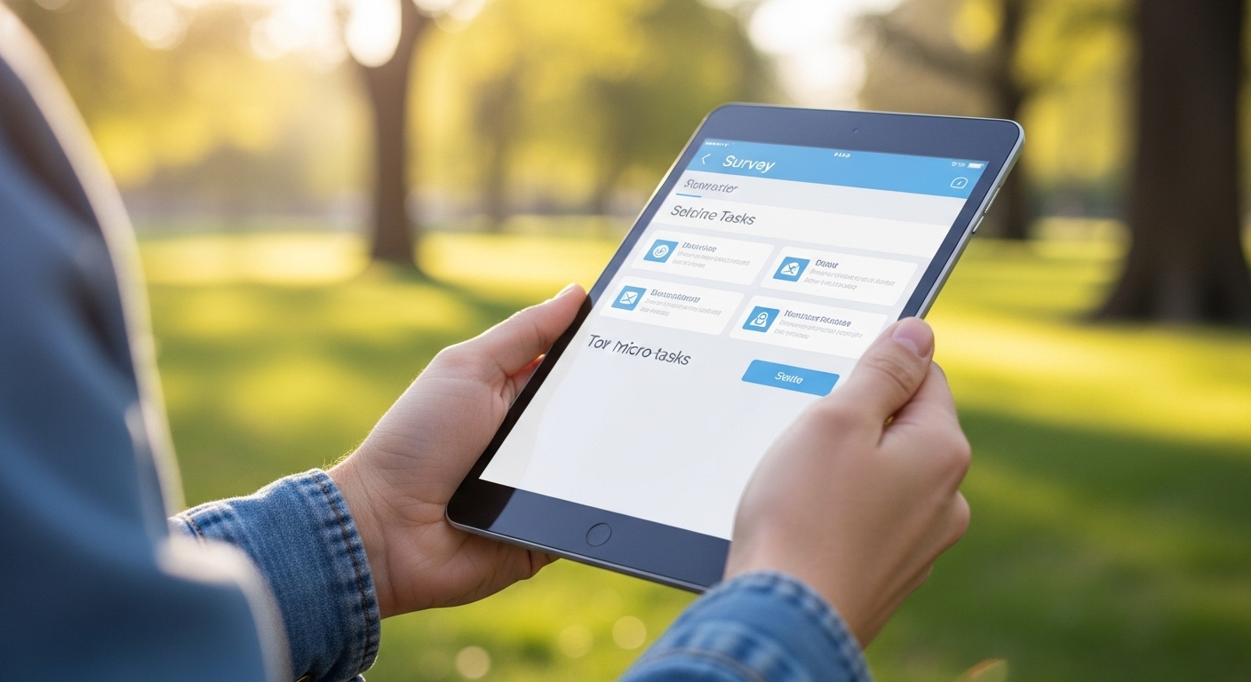 Tay người dùng cầm tablet, thực hiện khảo sát và nhiệm vụ qua ứng dụng thân thiện, minh họa cách kiếm tiền online không cần vốn linh hoạt ngay tại công viên.