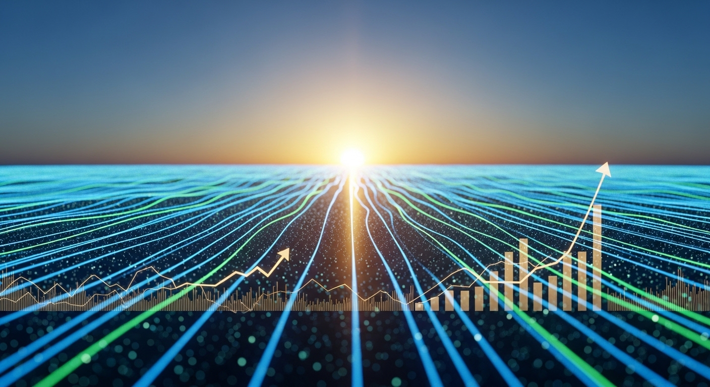 Cảnh quan kỹ thuật số trừu tượng với đường mạng phát sáng và biểu đồ tăng trưởng, minh họa tiềm năng kinh tế trực tuyến. Khám phá MMO là gì để nắm bắt cơ hội trong thế giới số.