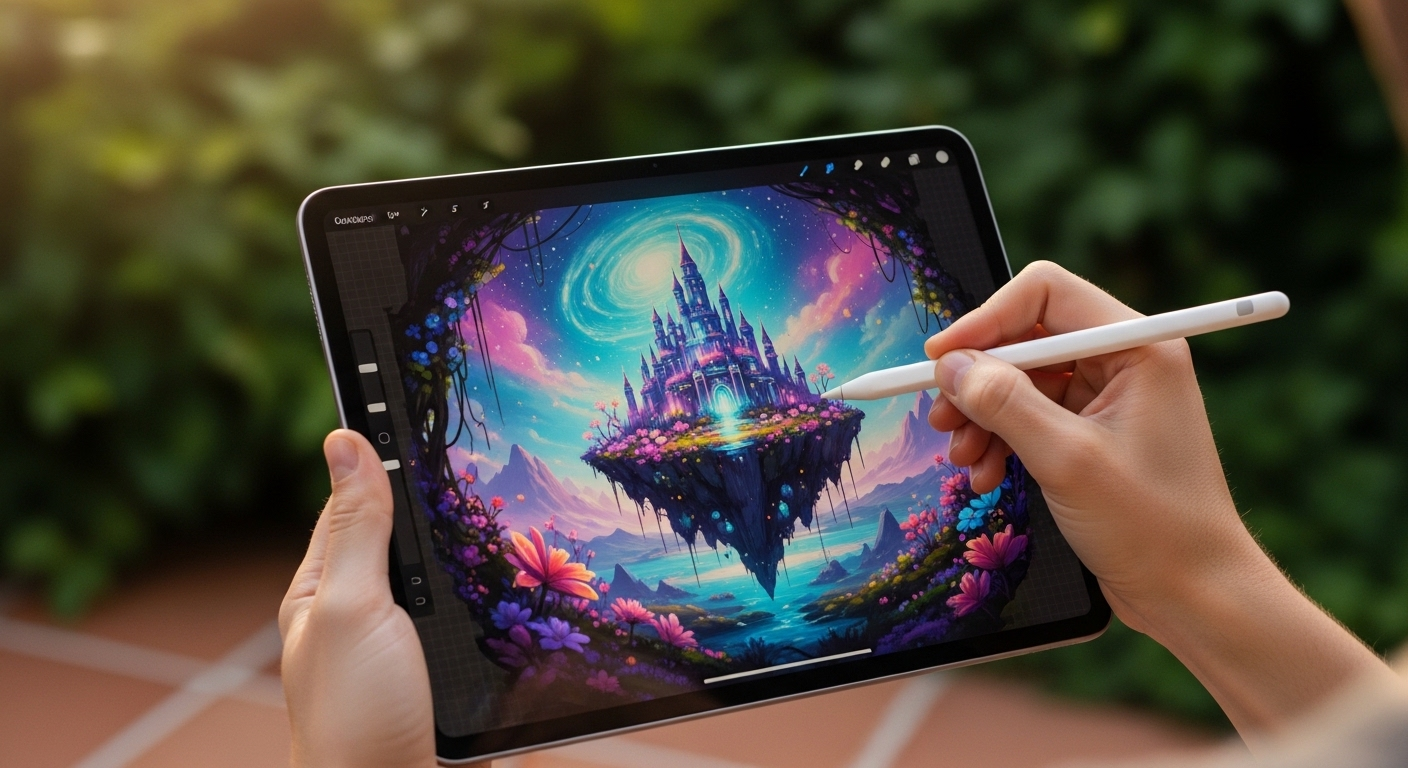 Cận cảnh đôi tay đang phác thảo minh họa kỹ thuật số sống động trên máy tính bảng bằng bút stylus, trong không gian hiên nhà xanh mát, thể hiện cách kiếm tiền online sáng tạo và tự do.