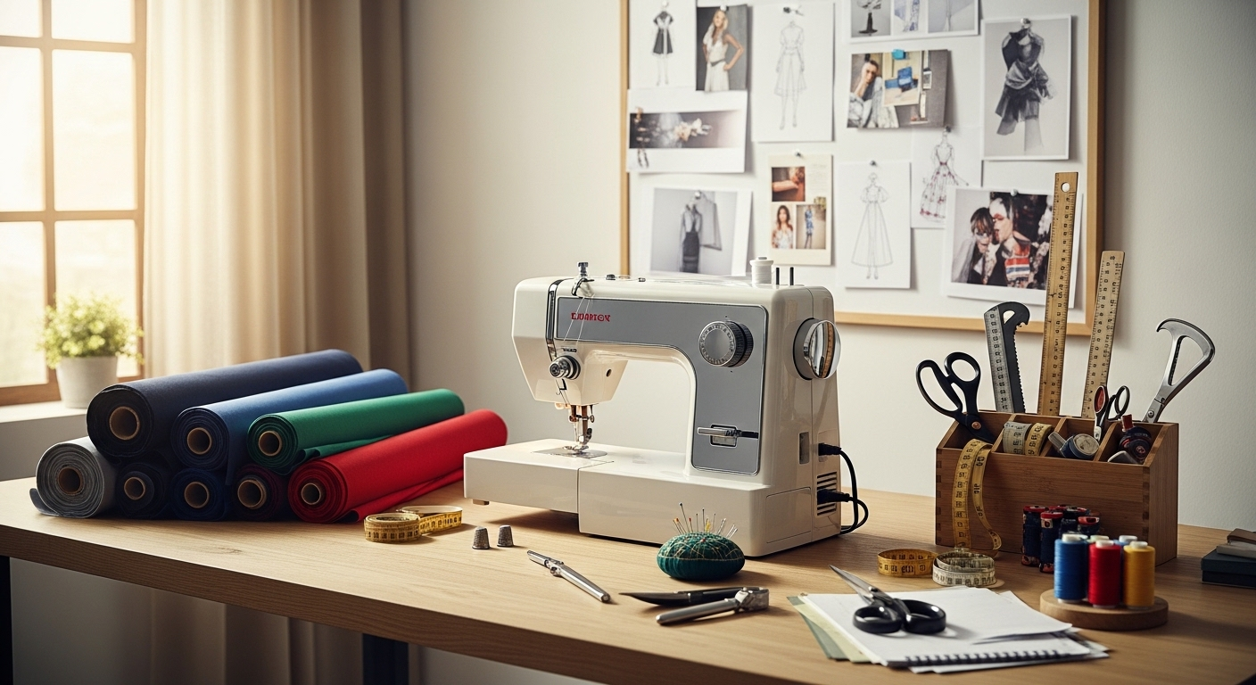 Bàn làm việc ngăn nắp của nhà thiết kế thời trang với máy may hiện đại, vải và bản phác thảo, thể hiện rõ tiềm năng của một nghề dễ kiếm tiền khi có sự sáng tạo.