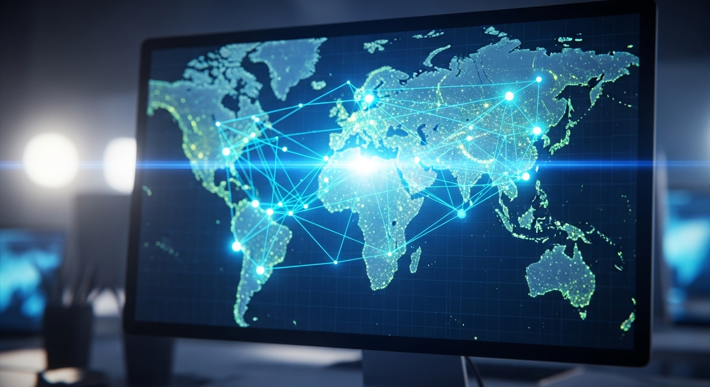 Mạng lưới kỹ thuật số phát sáng trên bản đồ thế giới mờ trên màn hình máy tính, minh họa kết nối và cơ hội kiếm tiền online toàn cầu. Mạng lưới kỹ thuật số phát sáng trên bản đồ thế giới mờ trên màn hình máy tính, minh họa kết nối và cơ hội kiếm tiền online toàn cầu.