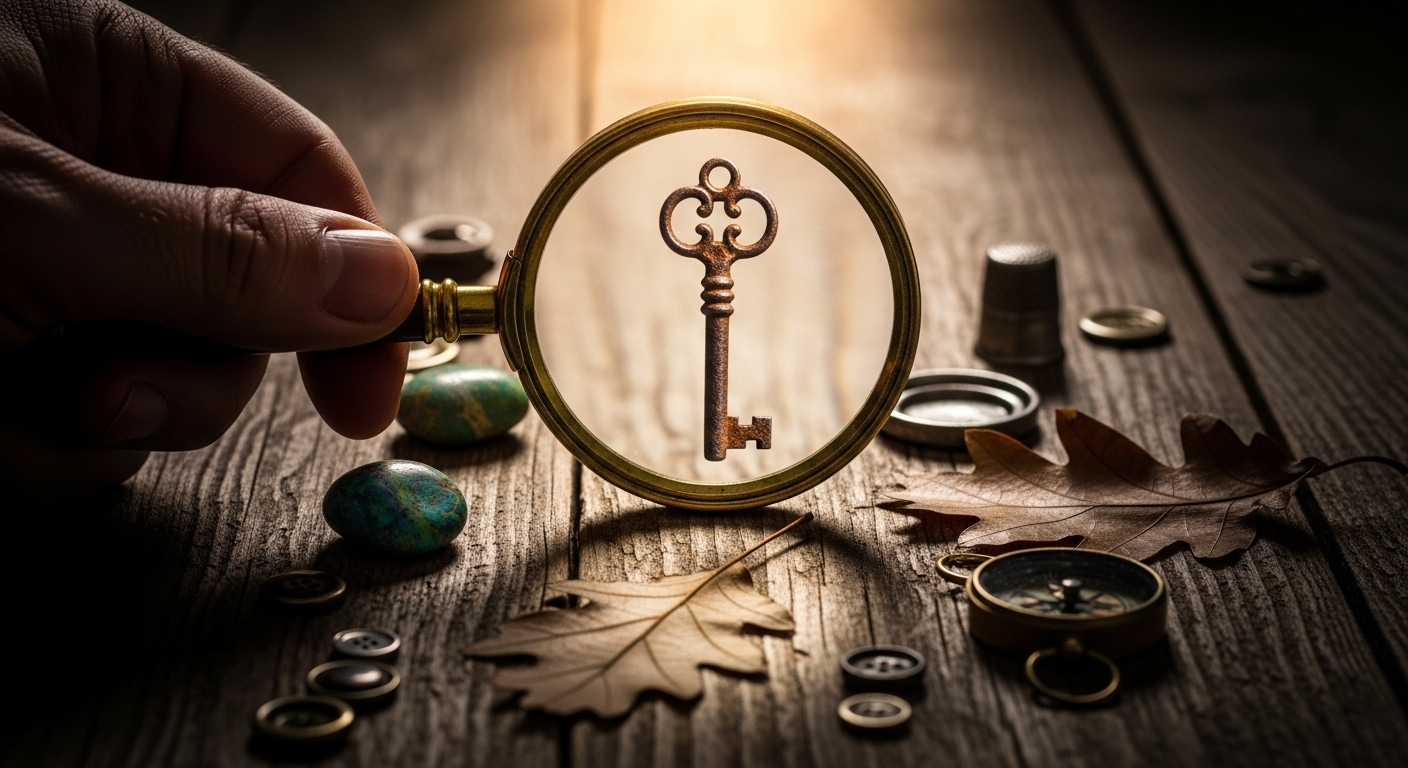 Cận cảnh bàn tay dùng kính lúp soi kỹ bộ sưu tập vật phẩm đa dạng, tưởng chừng bình thường như chìa khóa gỉ, viên sỏi màu, lá khô trên bàn gỗ mộc, gợi mở cách kiếm tiền lạ đời từ những giá trị tiềm ẩn.