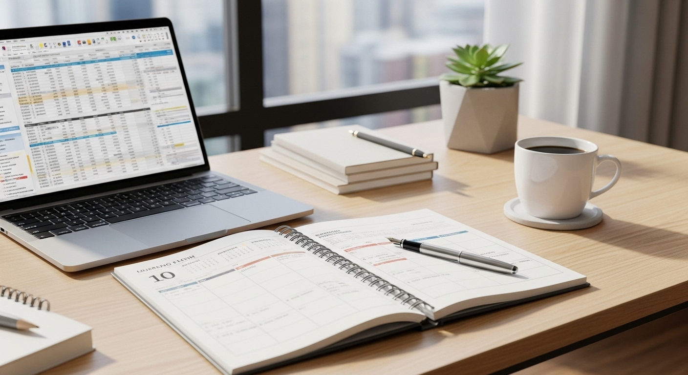 Bàn làm việc ngăn nắp với sổ kế hoạch tài chính, laptop hiển thị bảng tính và cà phê, dưới ánh sáng tự nhiên. Hình ảnh lý tưởng để lên kế hoạch tìm cách kiếm tiền và quản lý tài chính hiệu quả. Bàn làm việc ngăn nắp với sổ kế hoạch tài chính, laptop hiển thị bảng tính và cà phê, dưới ánh sáng tự nhiên. Hình ảnh lý tưởng để lên kế hoạch tìm cách kiếm tiền và quản lý tài chính hiệu quả.