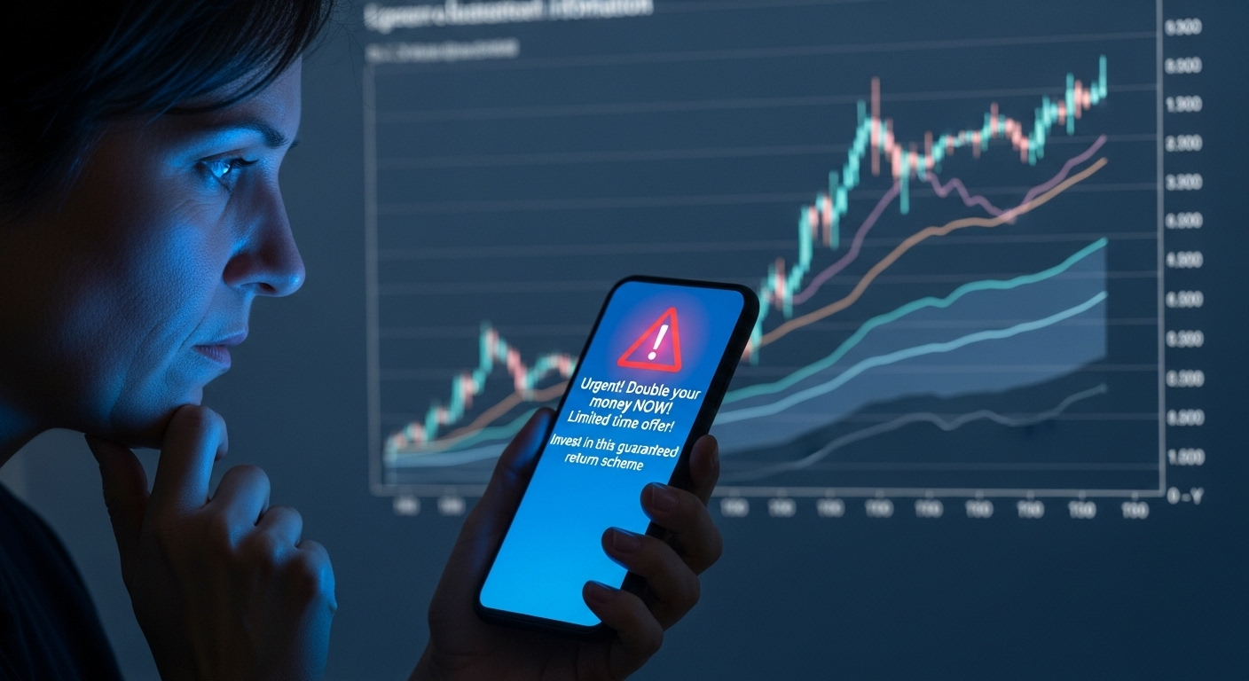 Người xem kỹ màn hình điện thoại hiển thị cảnh báo lừa đảo về những lời hứa hẹn kiếm tiền từ công nghệ phóng đại. Đối lập là màn hình nền với biểu đồ tài chính minh bạch, giúp người dùng phân biệt thông tin đáng tin cậy và lừa dối.
