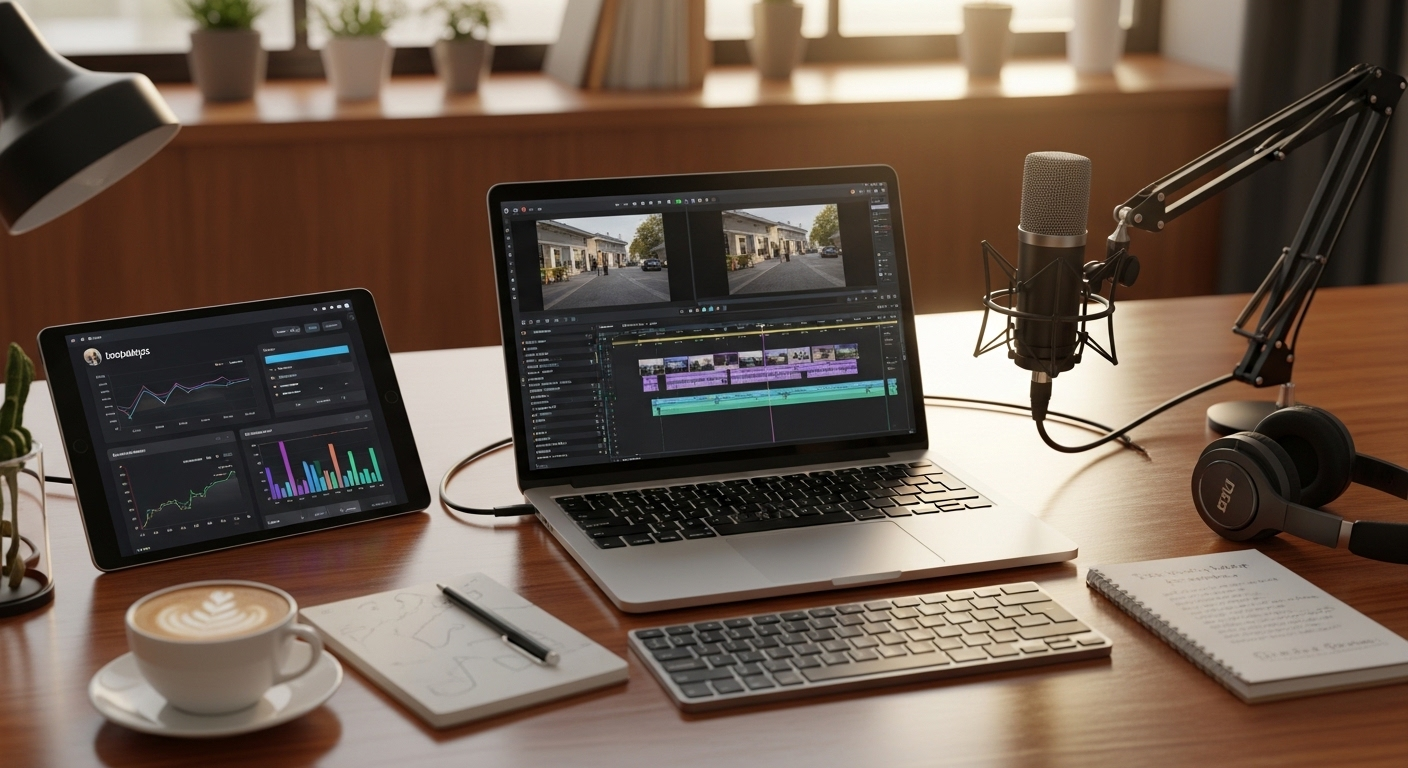 Thiết lập sáng tạo nội dung đa phương tiện hiện đại gồm laptop chỉnh sửa video, máy tính bảng phân tích mạng xã hội và micro chuyên nghiệp. Các công cụ này minh họa cho ngành truyền thông đa phương tiện, nơi điểm chuẩn ngành truyền thông đa phương tiện là yếu tố then chốt.