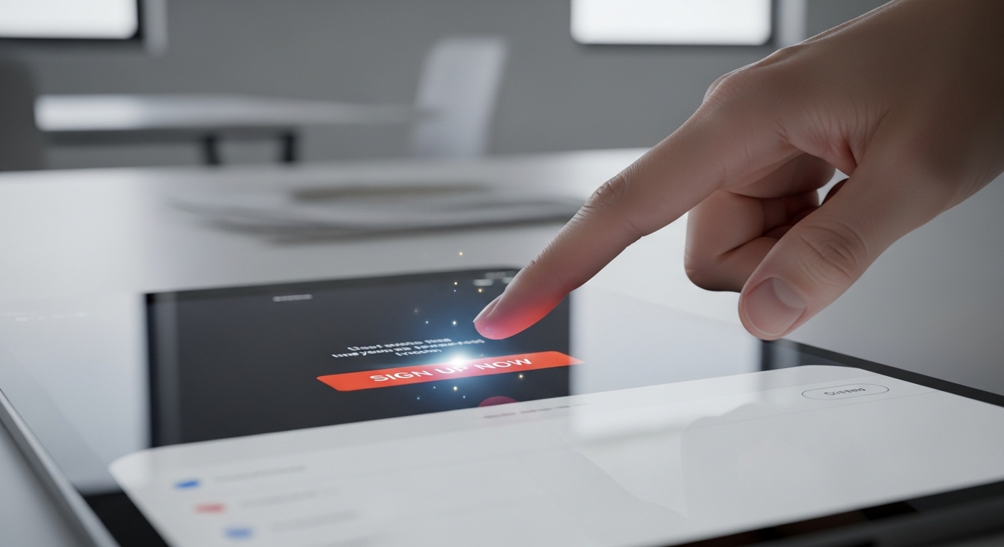 Bàn tay chuẩn bị chạm nút 'Đăng ký ngay' nổi bật trên Landing Page tối giản trên tablet, thể hiện thiết kế tối ưu Landing Page Facebook hiệu quả để thu hút và chuyển đổi người dùng.