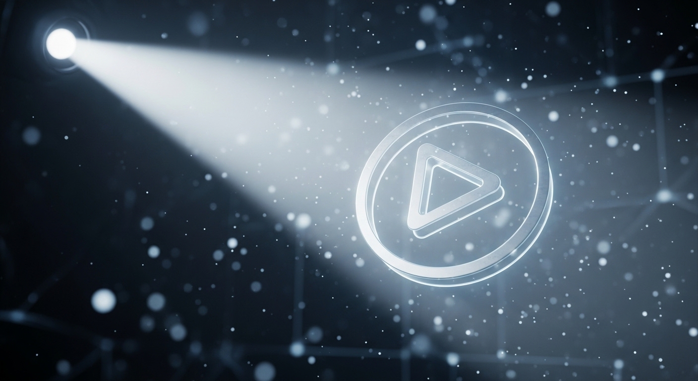 Nút play kỹ thuật số rực sáng, được luồng ánh sáng mạnh chiếu xuyên không gian kỹ thuật số mờ ảo, tạo cảm giác khám phá và nổi bật. Minh họa hiệu quả của dịch vụ tăng sub Youtube giúp kênh phát triển.