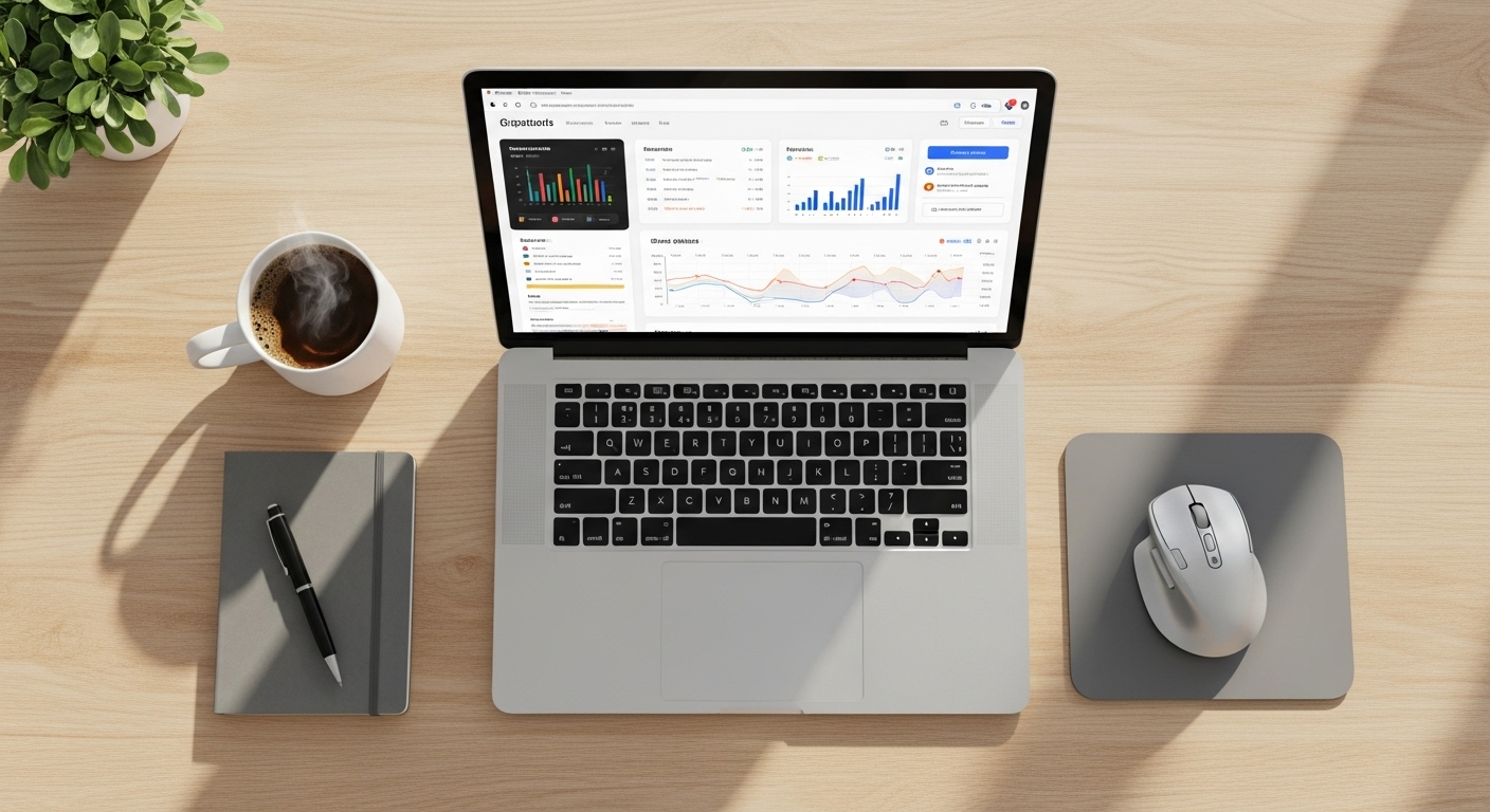 Bàn làm việc tối giản, ngăn nắp với laptop hiển thị giao diện kỹ thuật số tối ưu hóa cho việc quản lý và Kiểm duyệt cộng đồng YouTube Studio hiệu quả.