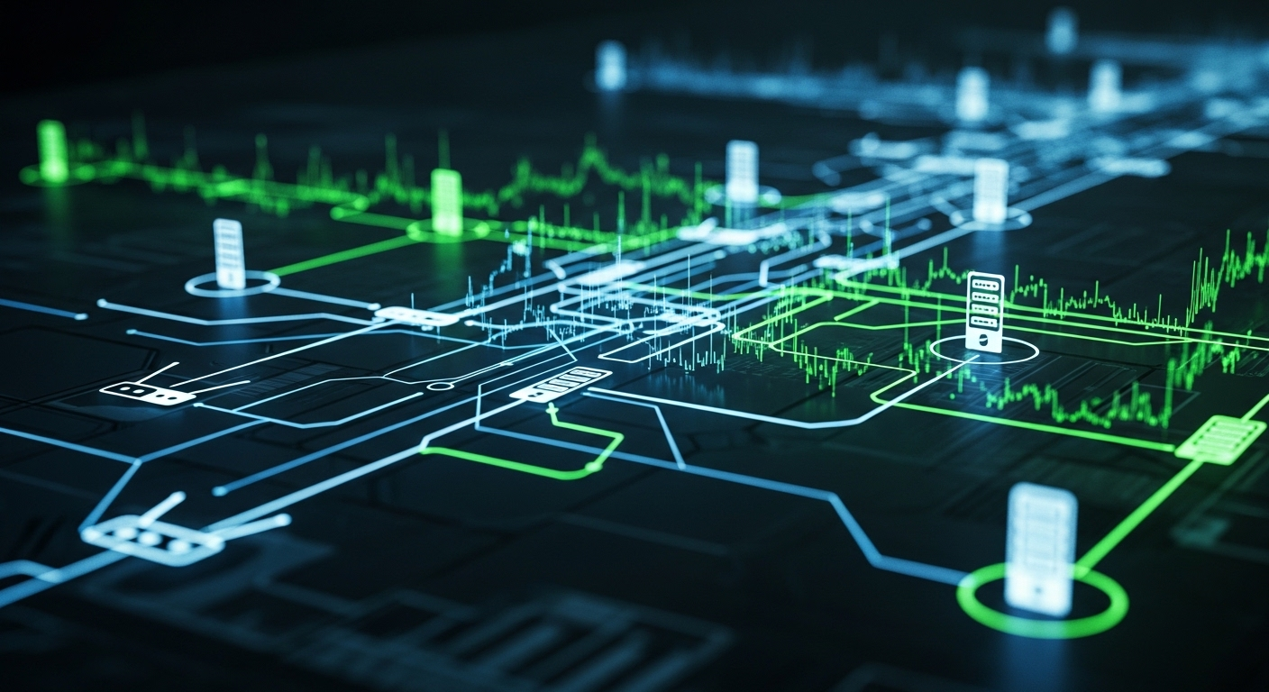 Mạng lưới máy chủ và router với các đường sáng xanh-lam thể hiện luồng dữ liệu và chẩn đoán mạng, hình ảnh trực quan cho việc bật Ping/ICMP VPS Windows Server.