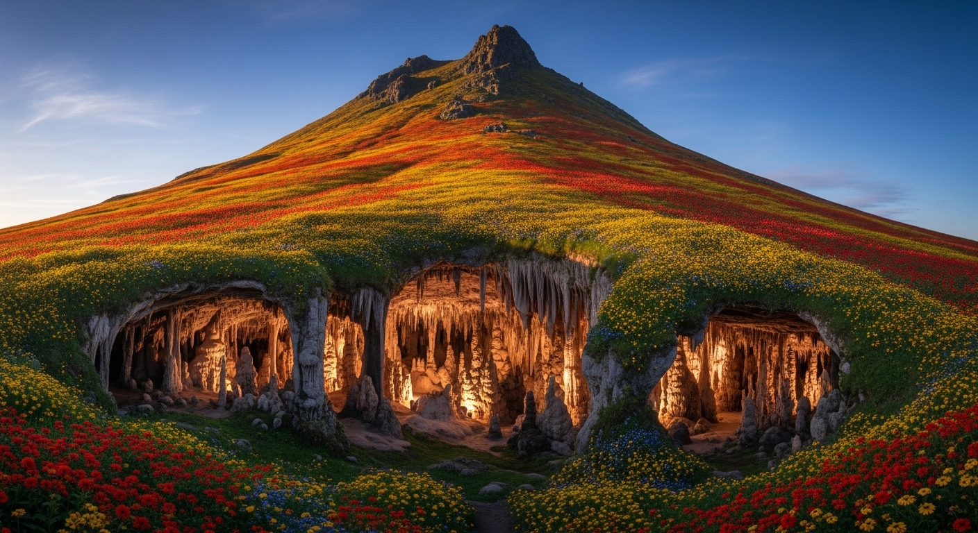 núi phủ đầy hoa đỏ, vàng, xanh và hệ thống hang động nhũ đá lấp lánh bên dưới.