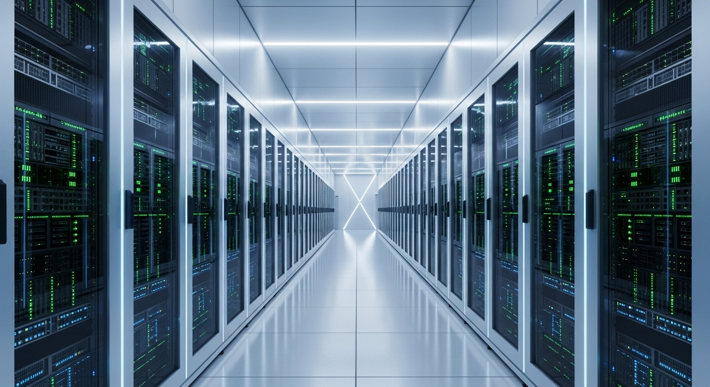 Hành lang trung tâm dữ liệu tương lai với các tủ máy chủ hiện đại, lý tưởng cho việc tạo proxy IPv6 trên VPS và phát triển mạng lưới tiên tiến.
