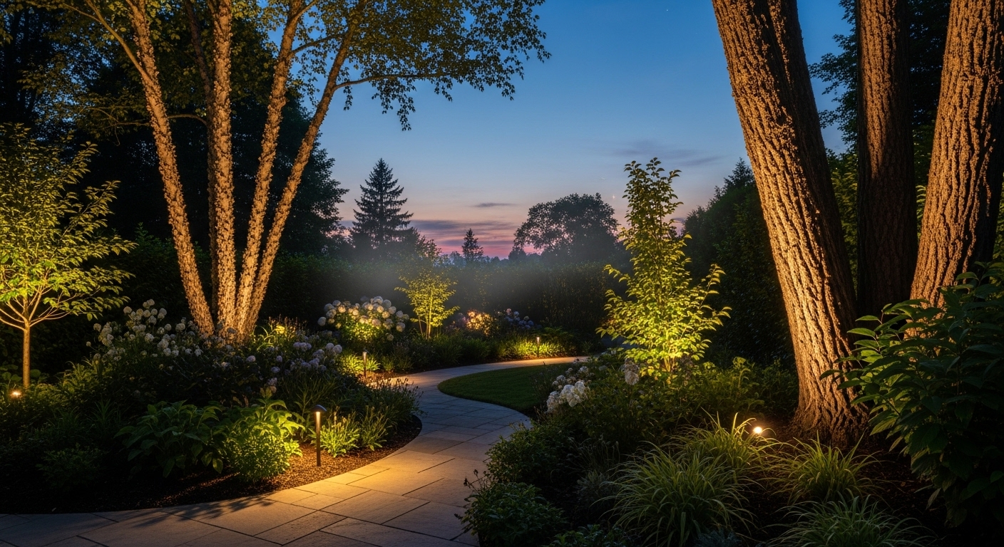 đèn hắt làm nổi bật thân cây và đèn lối đi tạo ánh sáng ấm áp, mang lại chiều sâu và không khí điện ảnh đầy quyến rũ.