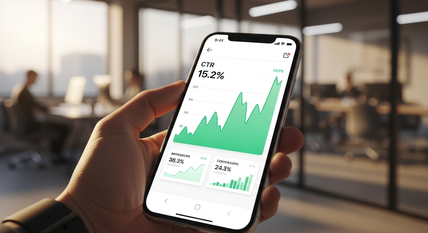 Màn hình điện thoại hiển thị biểu đồ CTR tăng mạnh, minh chứng hiệu quả của cách làm thumbnail Youtube ấn tượng.