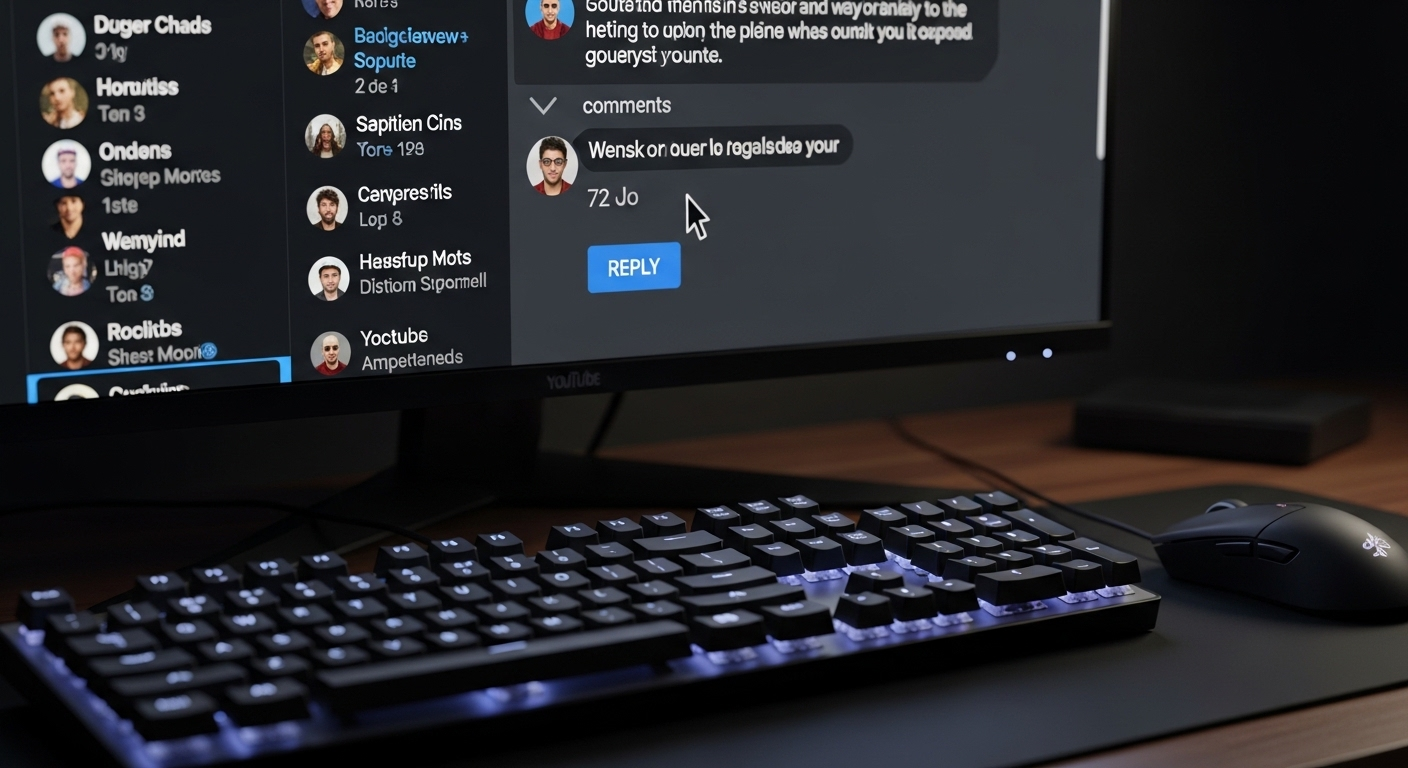 Góc làm việc hiện đại với bàn phím, chuột và màn hình hiển thị phần bình luận YouTube sống động. Con trỏ chuột đang chuẩn bị nhấp vào nút 'trả lời', minh họa sự tương tác cần thiết để phát triển kênh và tìm hiểu cách kiếm tiền trên YouTube.