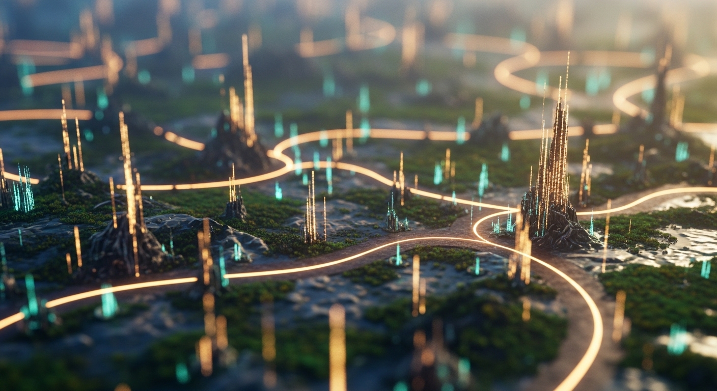 Mạng lưới kỹ thuật số sống động với các đường dẫn phát sáng và nút kết nối, thể hiện tiềm năng tăng trưởng và các cách kiếm tiền trên Youtube.