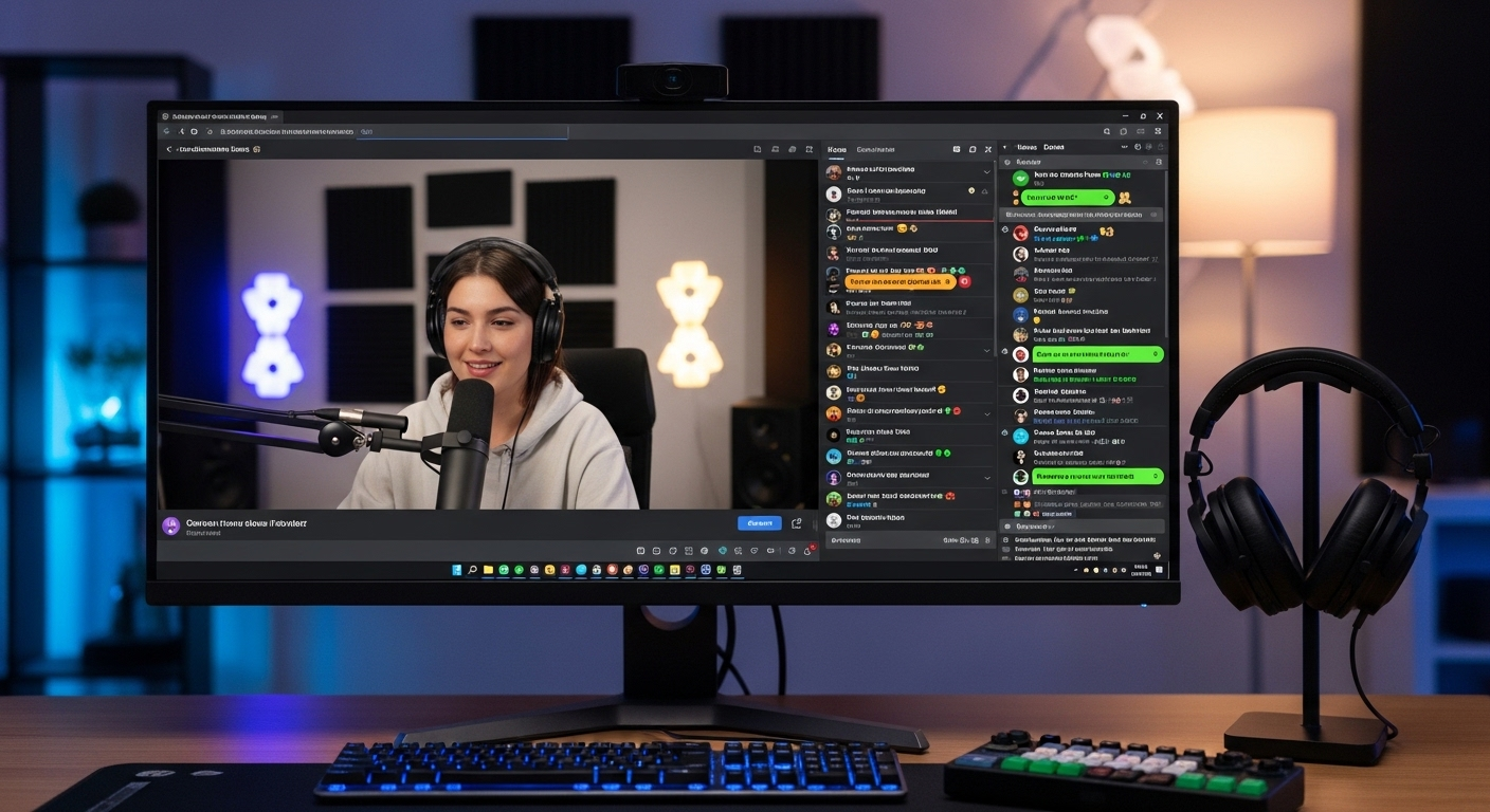 Giao diện livestream sống động trên màn hình lớn, hiển thị video nhà sáng tạo nội dung và cửa sổ chat tương tác với khán giả, minh họa cách kiếm tiền trên YouTube Cash từ studio tại nhà.