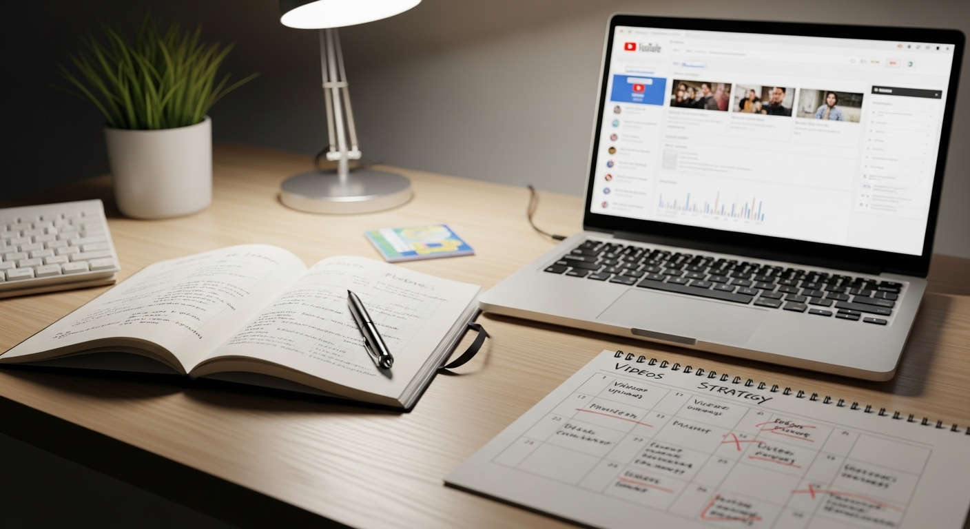 Góc làm việc ngăn nắp với laptop hiển thị kênh YouTube, sổ kế hoạch chi tiết và lịch trình video, thể hiện chiến lược phát triển và cách kiếm tiền YouTube bền vững.