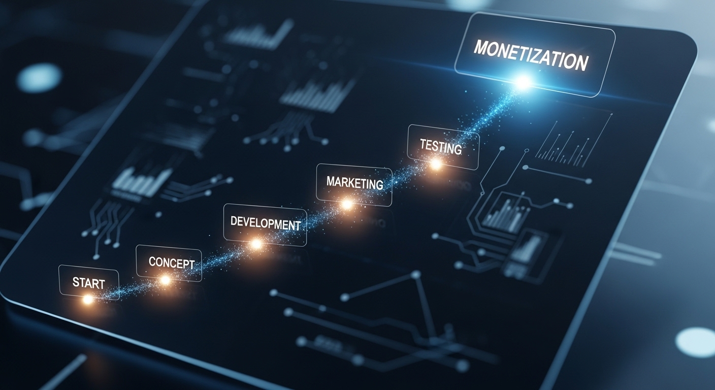 Lộ trình kỹ thuật số minh họa các bước và cột mốc để đạt mục tiêu Kiếm tiền, hướng dẫn cách kiếm tiền trên Youtube hiệu quả.