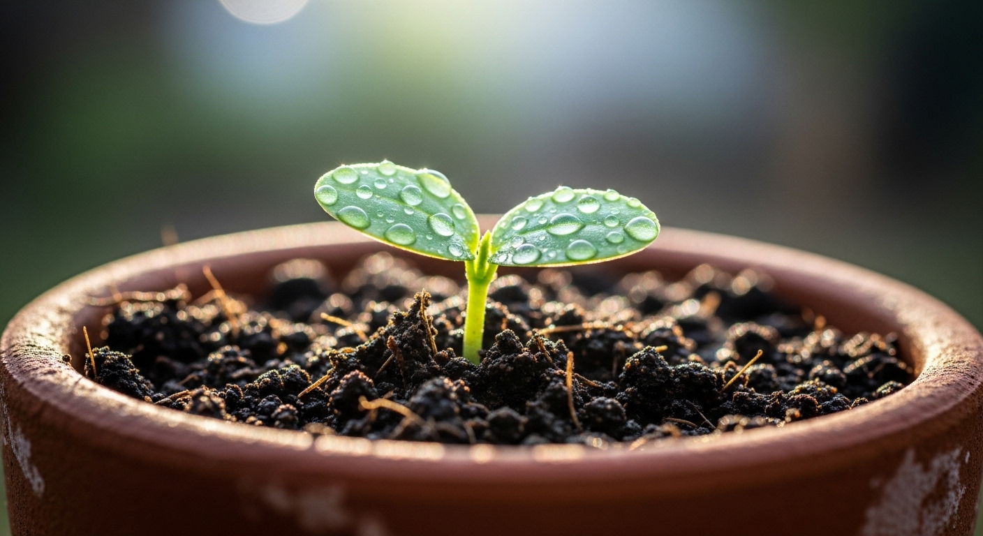 Mầm cây xanh non mơn mởn trong chậu đất nung với giọt sương, tượng trưng cho giai đoạn khởi đầu quan trọng, giống như việc xây dựng nền tảng để đạt điều kiện bật kiếm tiền Youtube.
