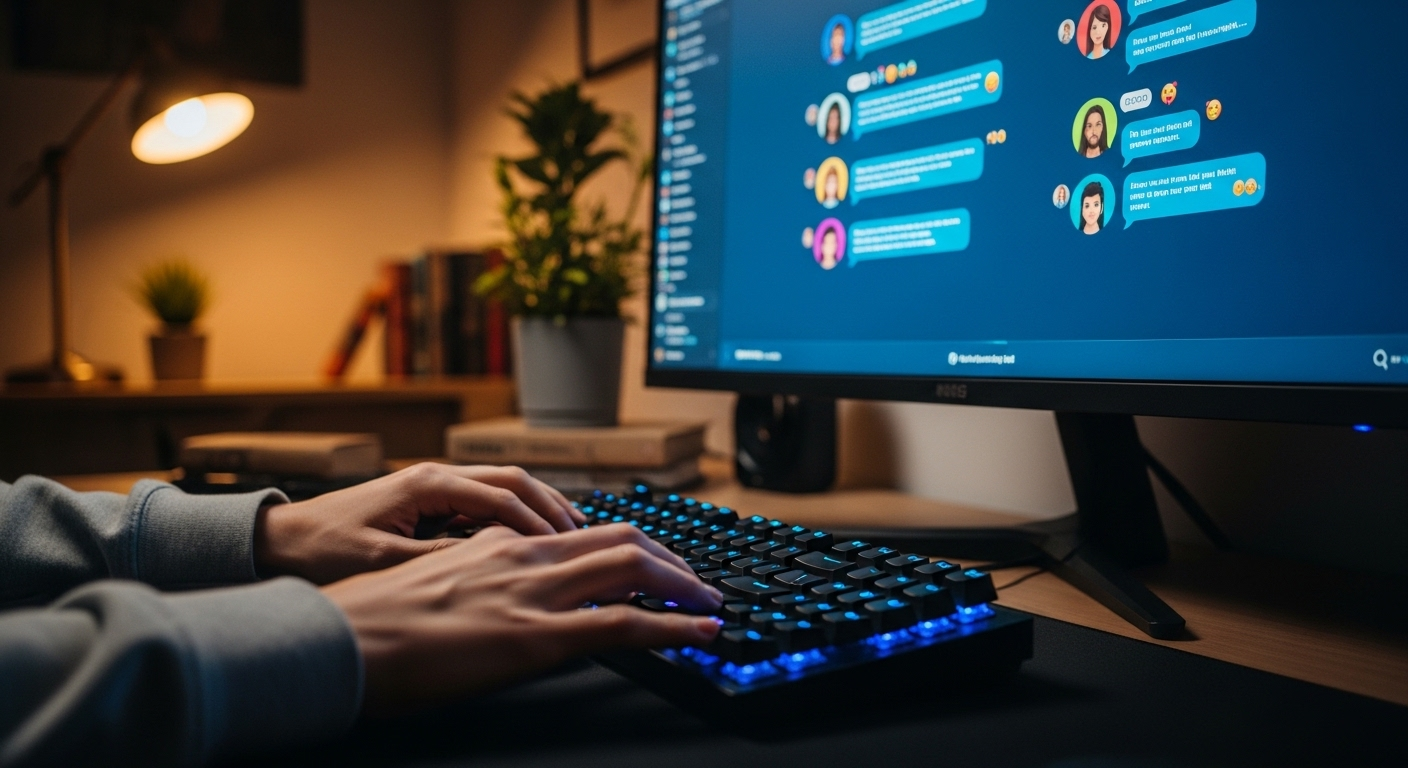 Bàn tay người dùng gõ phím tương tác trên diễn đàn chat trực tuyến sôi động trong văn phòng tại nhà ấm cúng, nơi họ giao lưu để phát triển và kiếm tiền với Youtube.