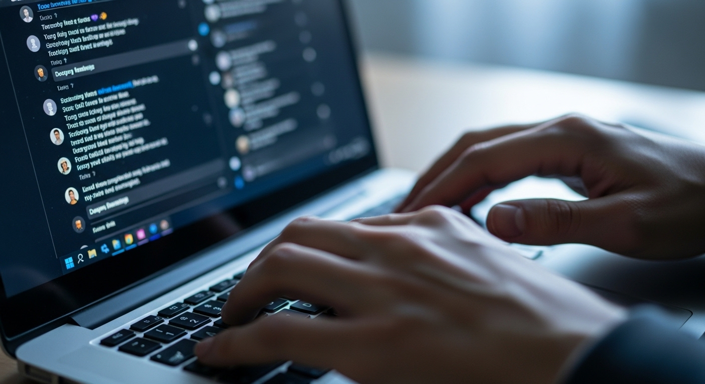 Cận cảnh bàn tay đang gõ phím laptop, màn hình hiển thị tương tác mạng xã hội, gợi liên tưởng đến việc tìm hiểu cách kiếm tiền trên YouTube qua nội dung và cộng đồng trực tuyến.