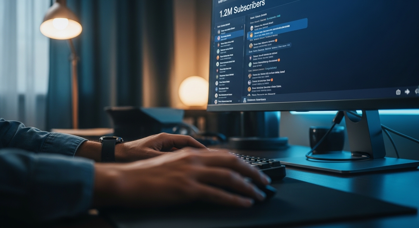 Cận cảnh bàn tay thao tác chuột trên màn hình máy tính, hiển thị phần bình luận và số người đăng ký nổi bật của một kênh YouTube. Ảnh này mô tả hoạt động tương tác cần thiết để kiếm tiền Youtube.