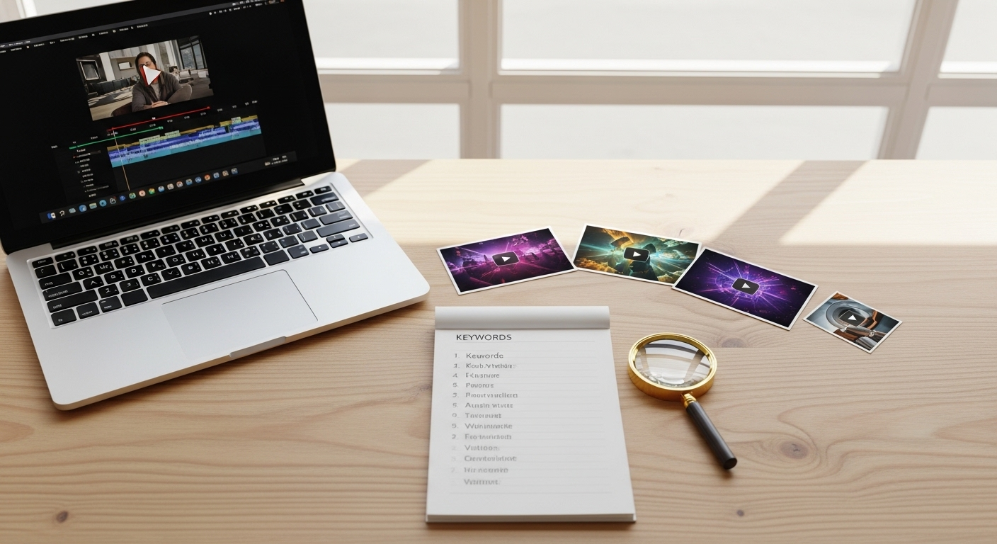 laptop chỉnh sửa, ghi chú từ khóa, thumbnail và kính lúp. Thiết yếu cho bất kỳ ai muốn học cách tạo kênh YouTube thành công.