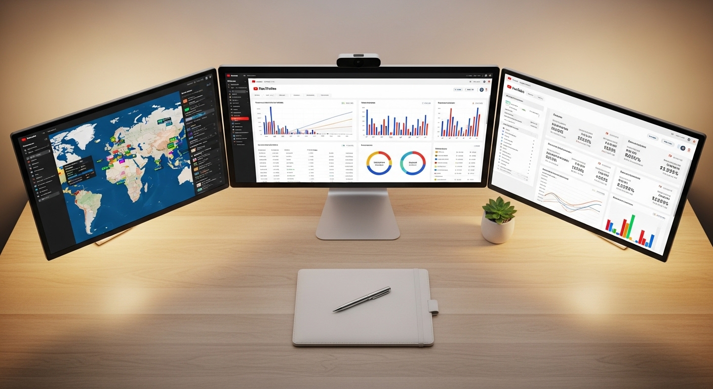 Góc nhìn từ trên cao của setup bàn làm việc chuyên nghiệp với nhiều màn hình hiển thị phân tích dữ liệu YouTube chuyên sâu, biểu đồ và bản đồ, phục vụ lập kế hoạch chiến lược hiệu quả để kiếm tiền từ Youtube.