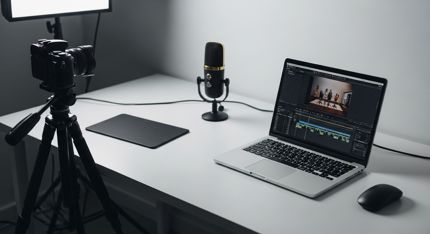 Góc làm việc studio chuyên nghiệp với máy quay, micro và laptop hiển thị phần mềm chỉnh sửa video trên bàn trắng. Đây là setup lý tưởng để tạo nội dung chất lượng cao, tiền đề cho việc tìm hiểu cách bật kiếm tiền trên Youtube.