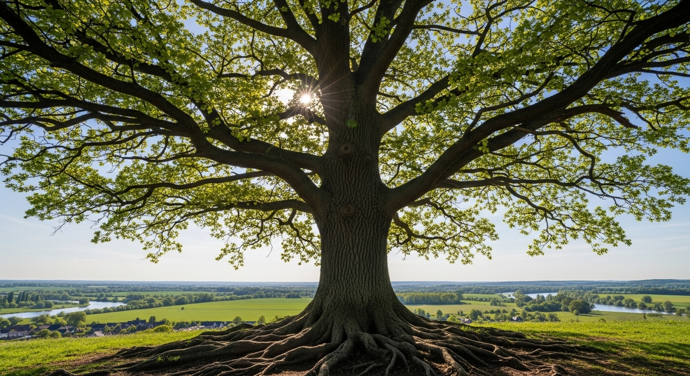 Cây lớn rễ sâu, cành lá sum suê vươn tới trời xanh, tượng trưng cho sự phát triển bền vững và ổn định để kiếm tiền trên YouTube lâu dài.