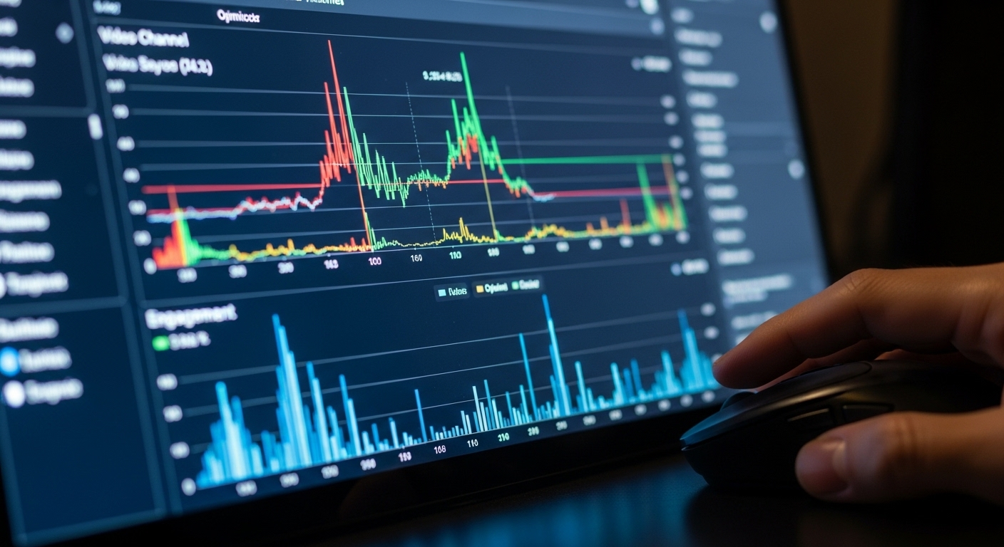 Màn hình hiển thị biểu đồ phân tích kênh YouTube, với tay cầm chuột tối ưu dữ liệu để cải thiện cách kiếm tiền trên youtube hiệu quả.