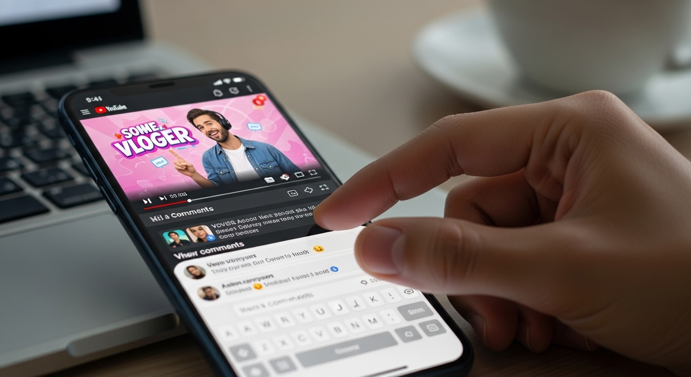 Màn hình điện thoại hiển thị video YouTube với phần bình luận sôi nổi, một bàn tay đang tương tác để phản hồi, minh họa rõ nét cách làm YouTube trên điện thoại hiệu quả.