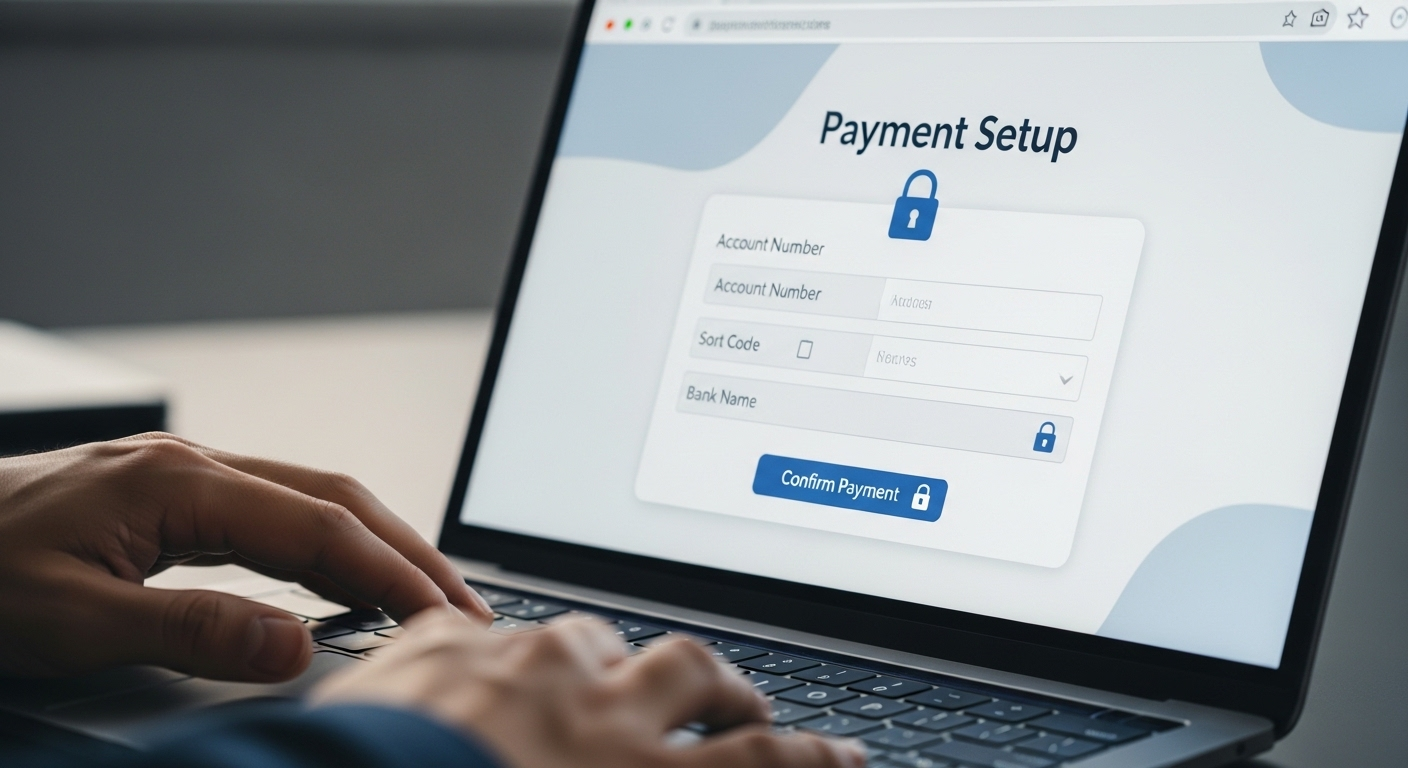 Ngón tay chạm trackpad, màn hình laptop hiển thị form cài đặt thanh toán ngân hàng trực tuyến bảo mật. Đây là quy trình cần thiết khi thực hiện cách bật kiếm tiền từ Facebook cá nhân và thiết lập phương thức nhận tiền an toàn.