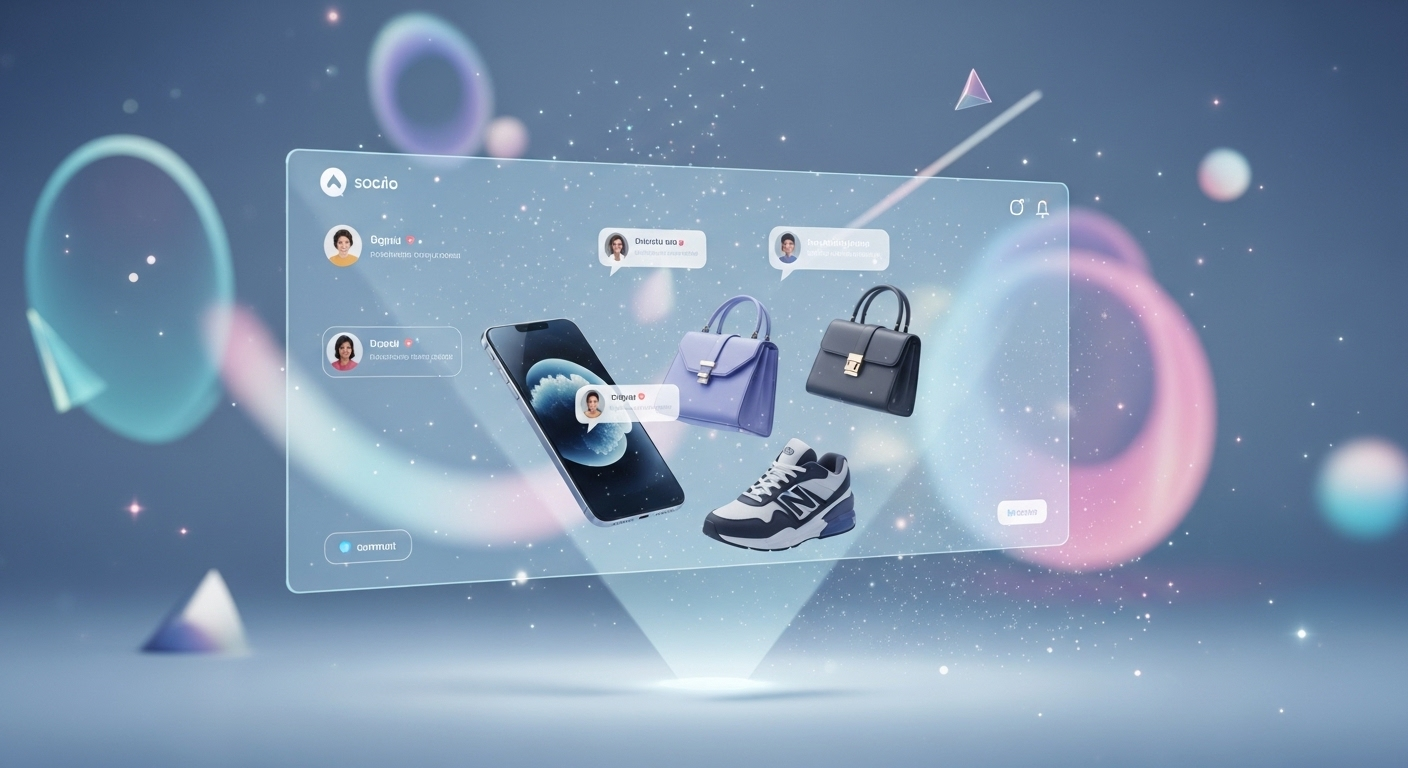 Giao diện thương mại xã hội metaverse với sản phẩm 3D, minh họa tiềm năng kiếm tiền online và các bước thực hiện như cách bật kiếm tiền trên Facebook.