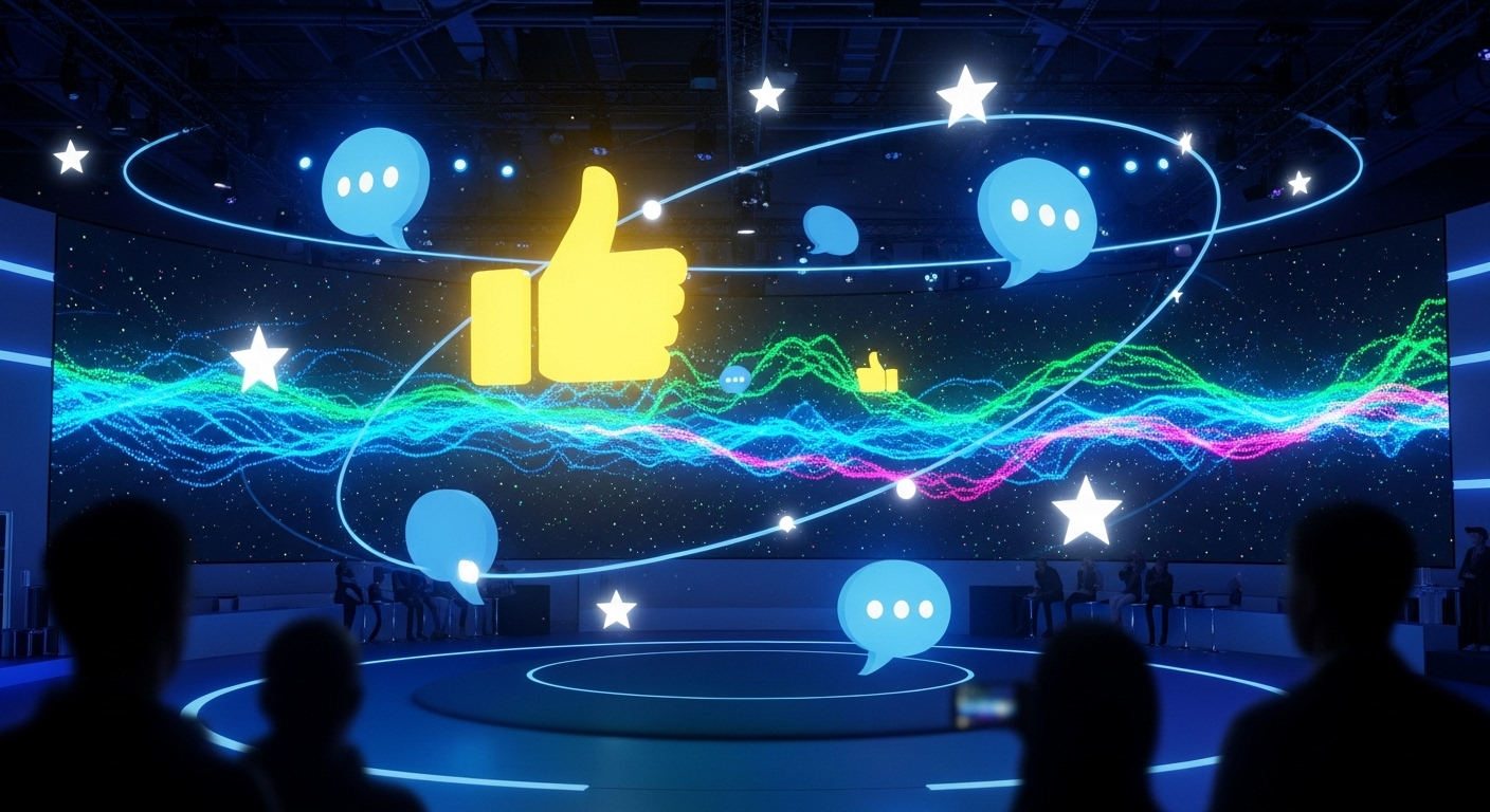 Màn hình kỹ thuật số sống động hiển thị các biểu tượng tương tác (thích, bình luận, sao), thể hiện sự tham gia cộng đồng tích cực, minh họa cách kiếm tiền trên Facebook hiệu quả.