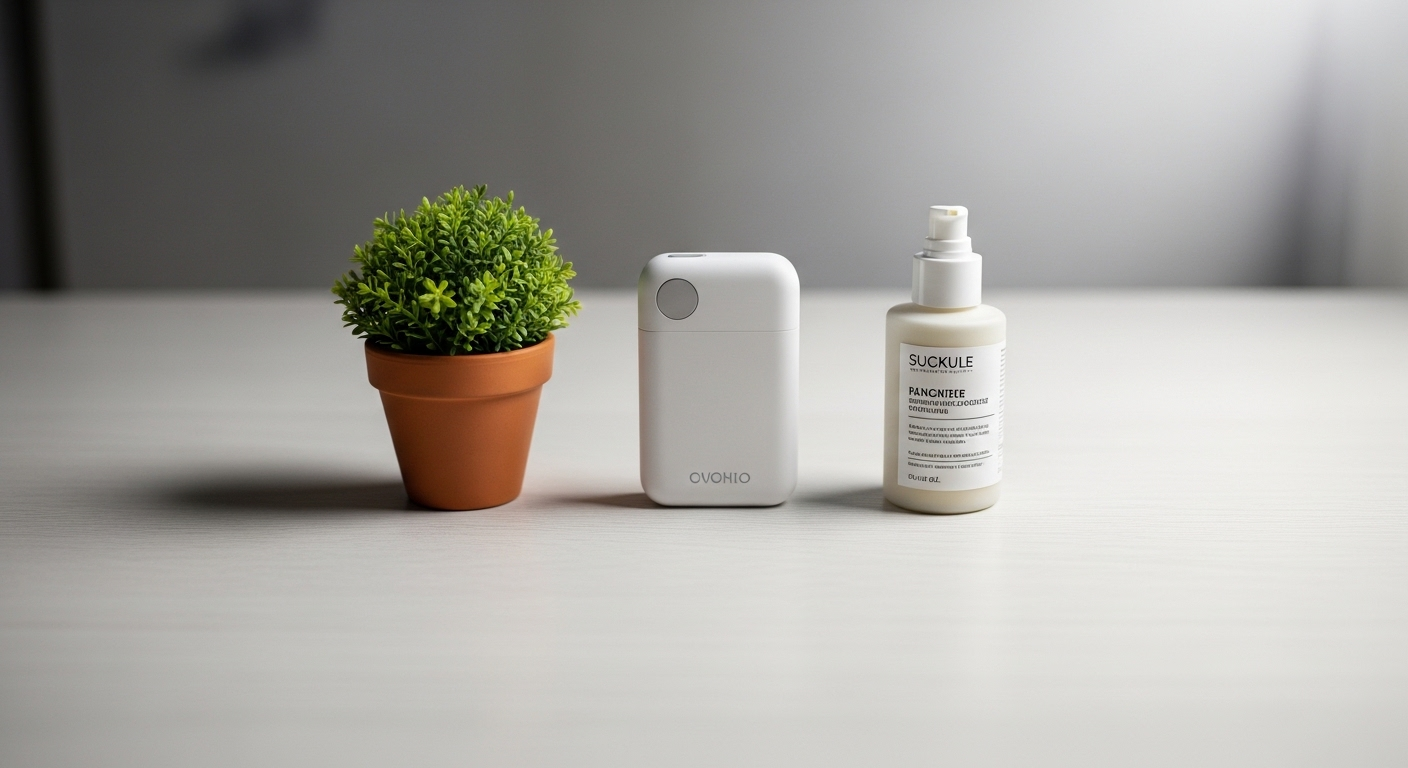 Các sản phẩm chất lượng cao như thiết bị điện tử, cây cảnh nhỏ, và chai kem được sắp xếp gọn gàng trên bàn gỗ sáng, rất phù hợp để giới thiệu và kiếm tiền trên facebook với affiliate marketing.