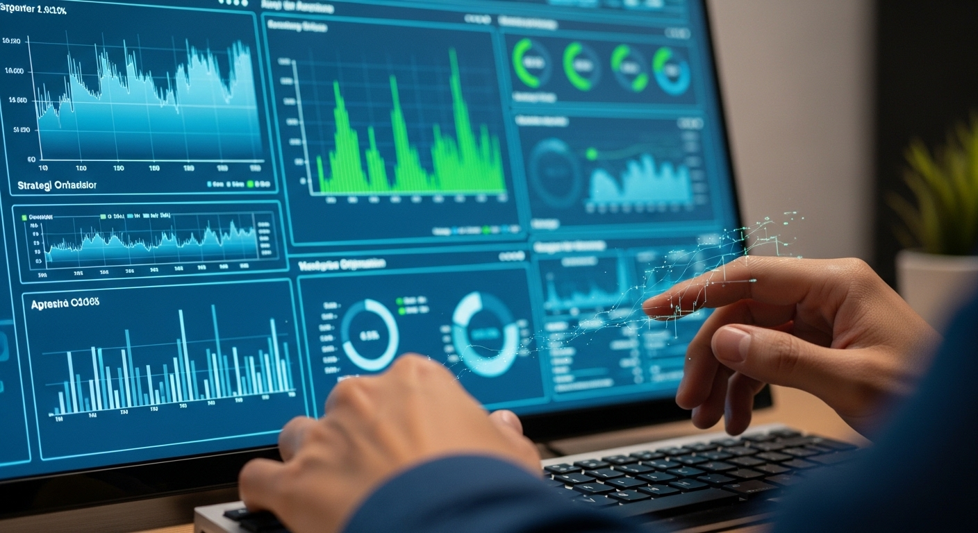 Tay gõ bàn phím trước màn hình lớn hiển thị phân tích hiệu suất kỹ thuật số chi tiết (biểu đồ xanh lá). Hình ảnh minh họa việc tối ưu hóa chiến lược để đạt hiệu quả cao, hỗ trợ tìm hiểu cách bật kiếm tiền trên Facebook và phát triển kênh số.